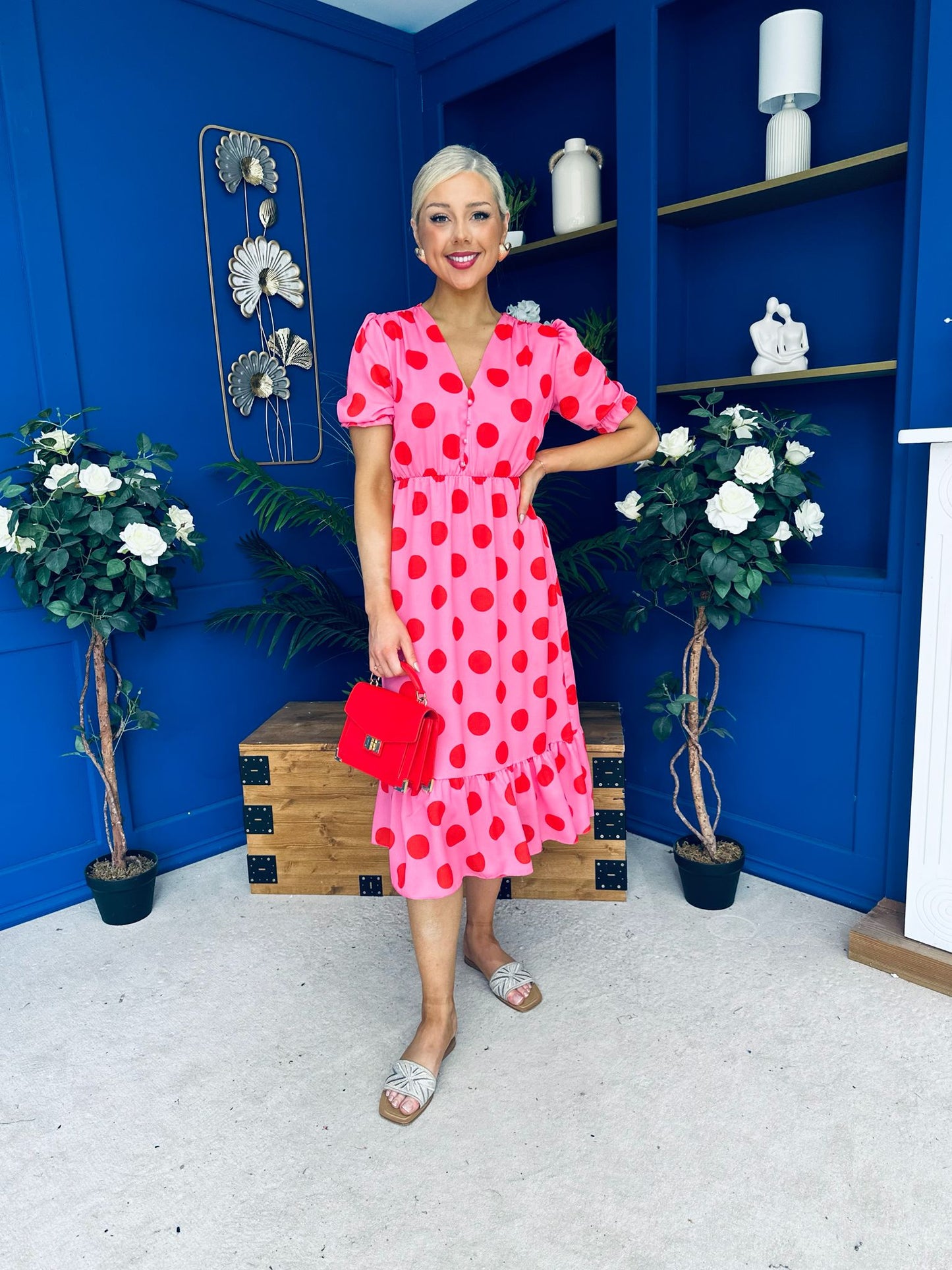Suzanne Detailed Midi Dress Polka Pink