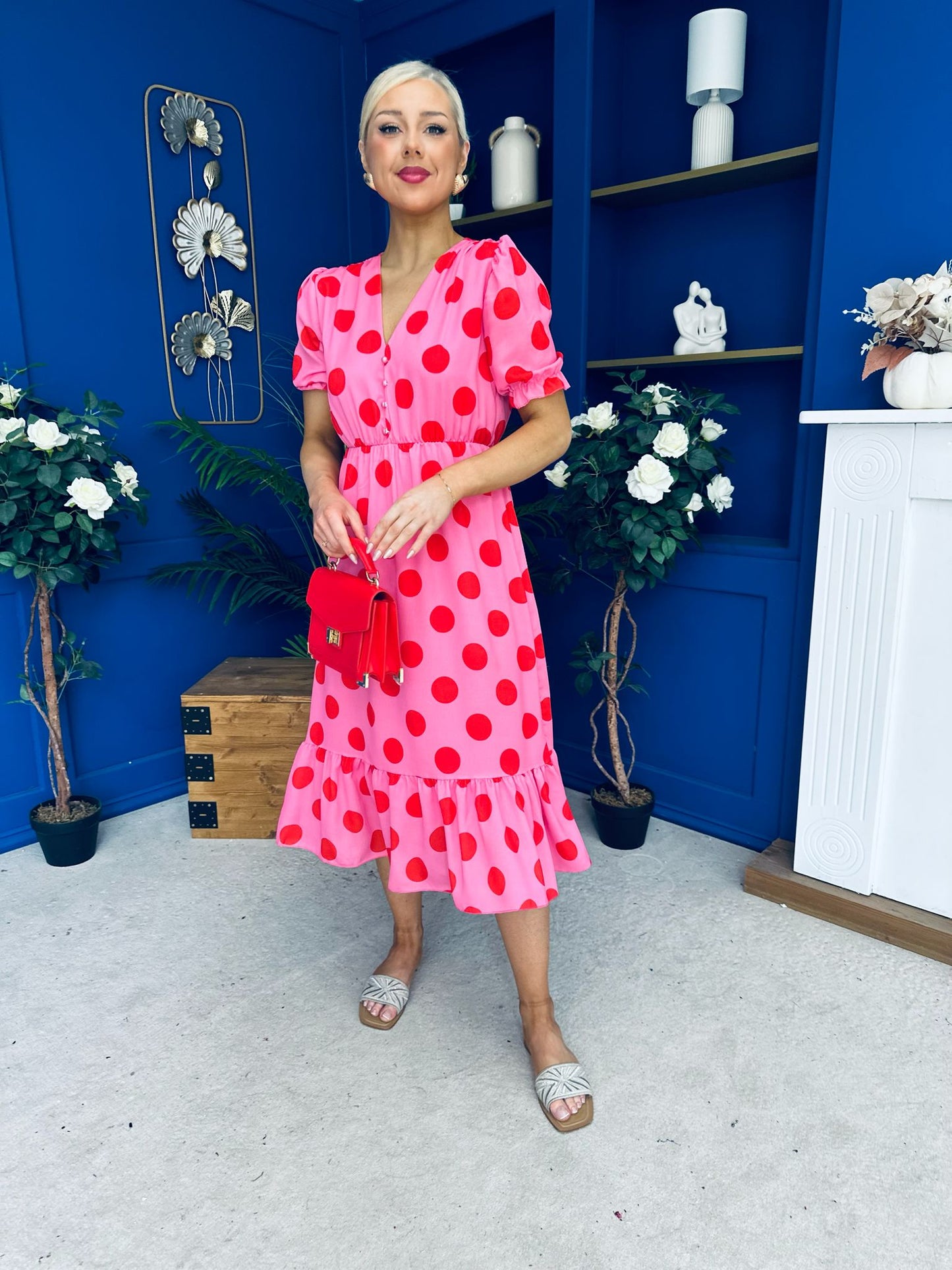 Suzanne Detailed Midi Dress Polka Pink