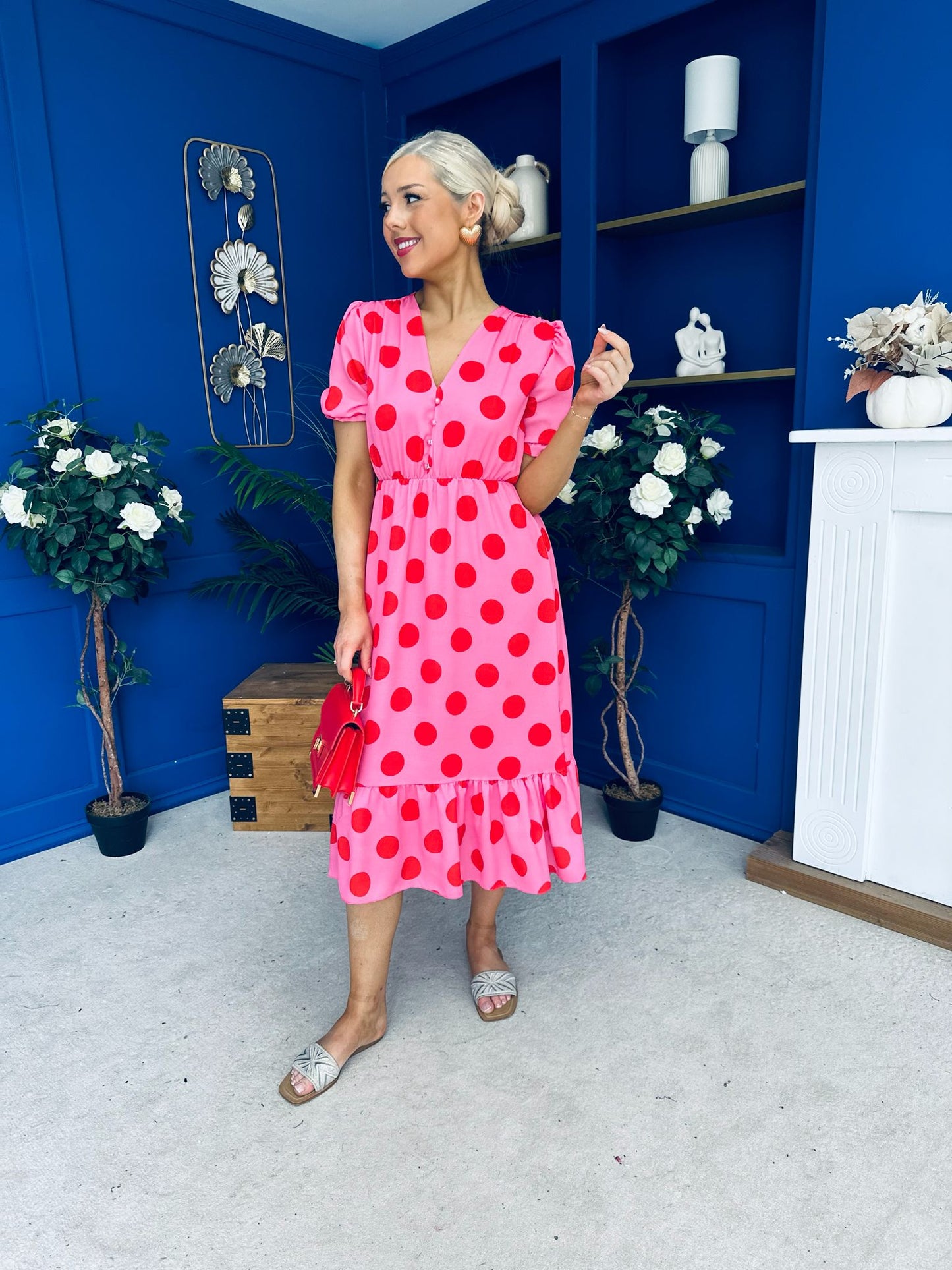 Suzanne Detailed Midi Dress Polka Pink