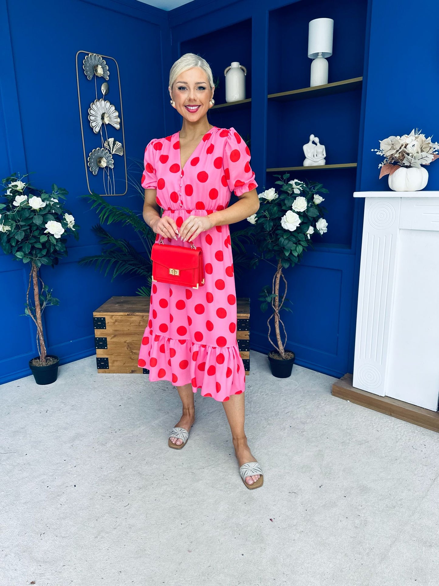 Suzanne Detailed Midi Dress Polka Pink