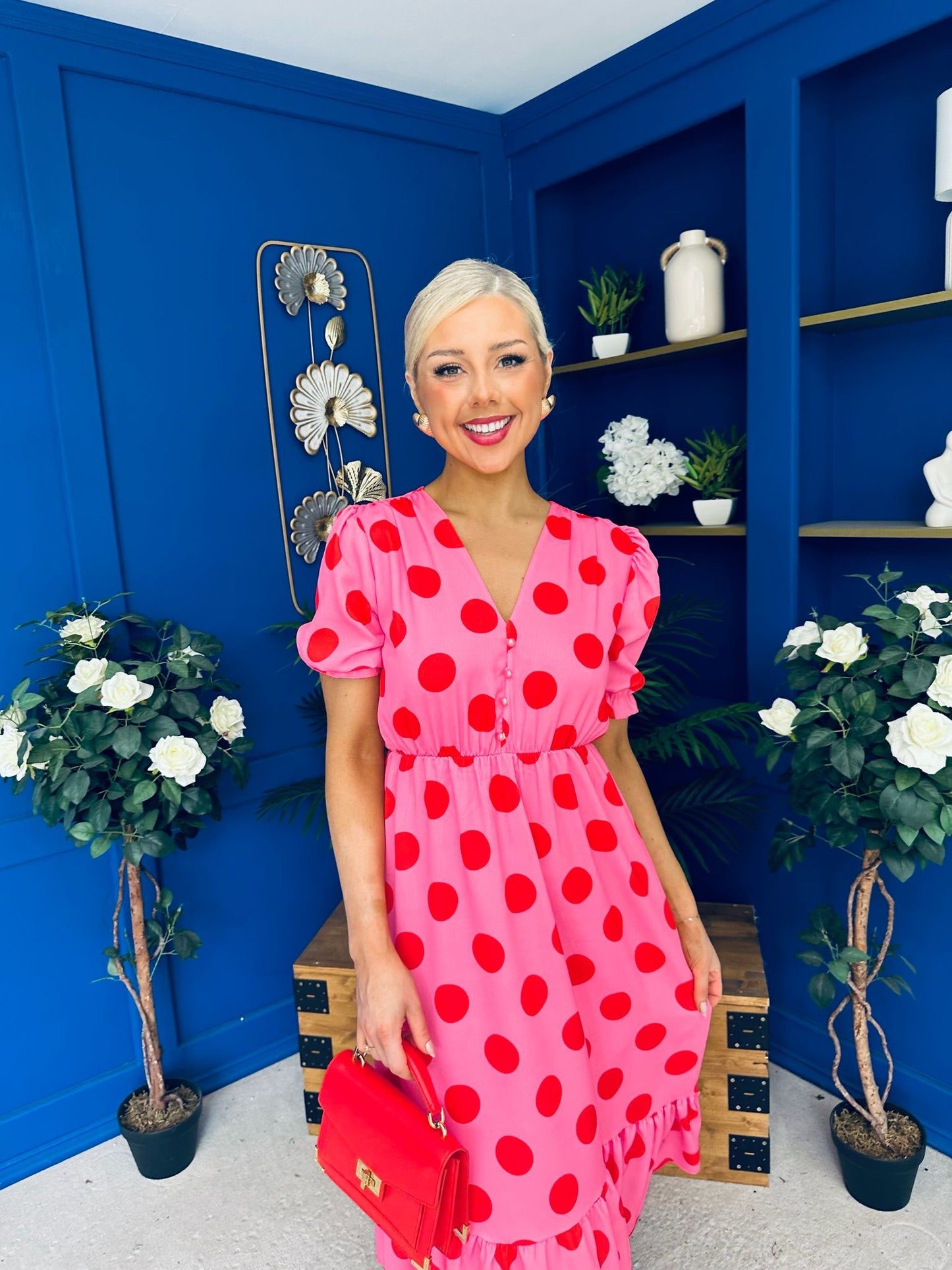 Suzanne Detailed Midi Dress Polka Pink