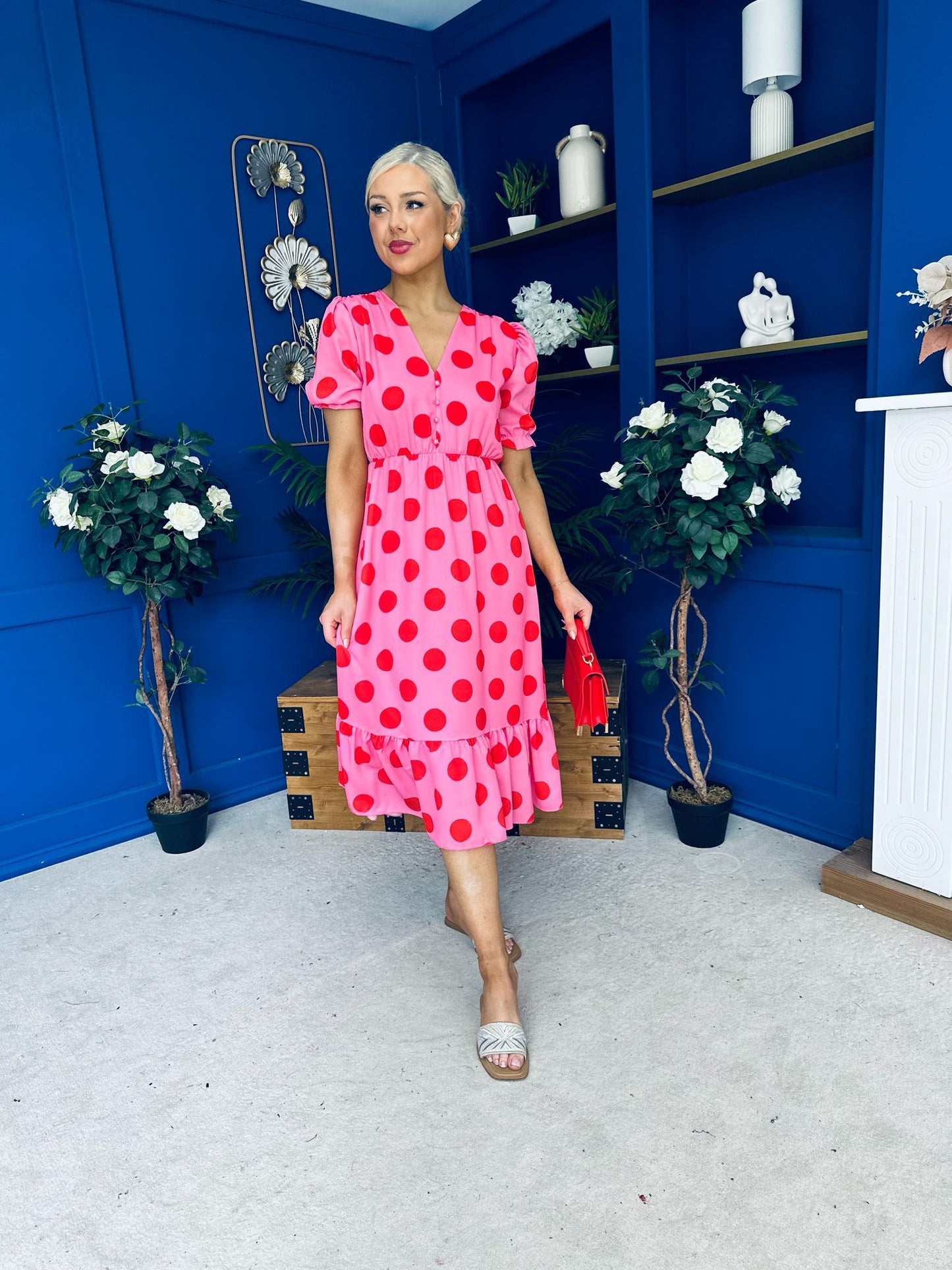 Suzanne Detailed Midi Dress Polka Pink