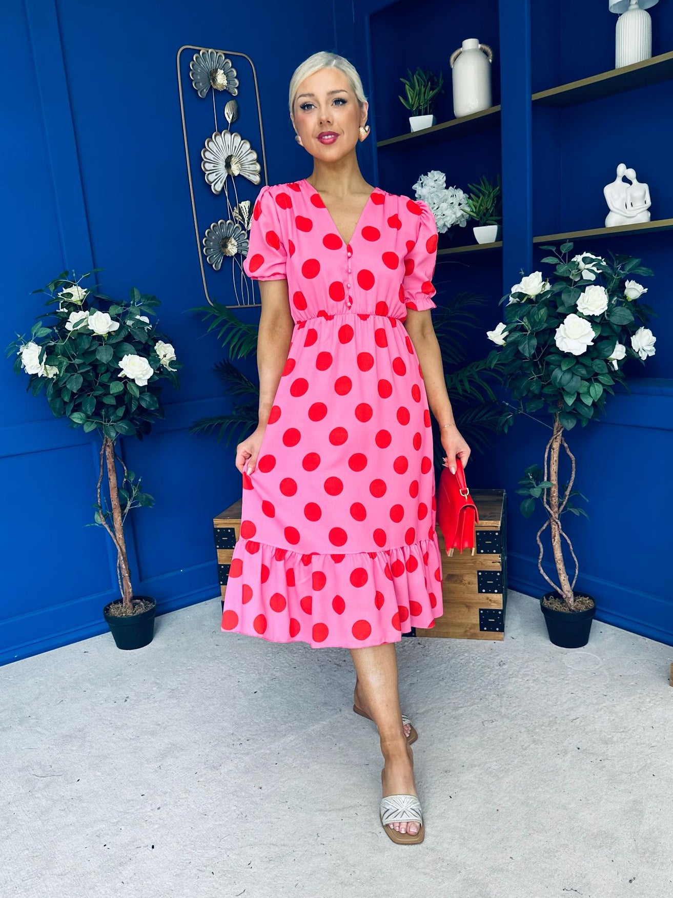 Suzanne Detailed Midi Dress Polka Pink