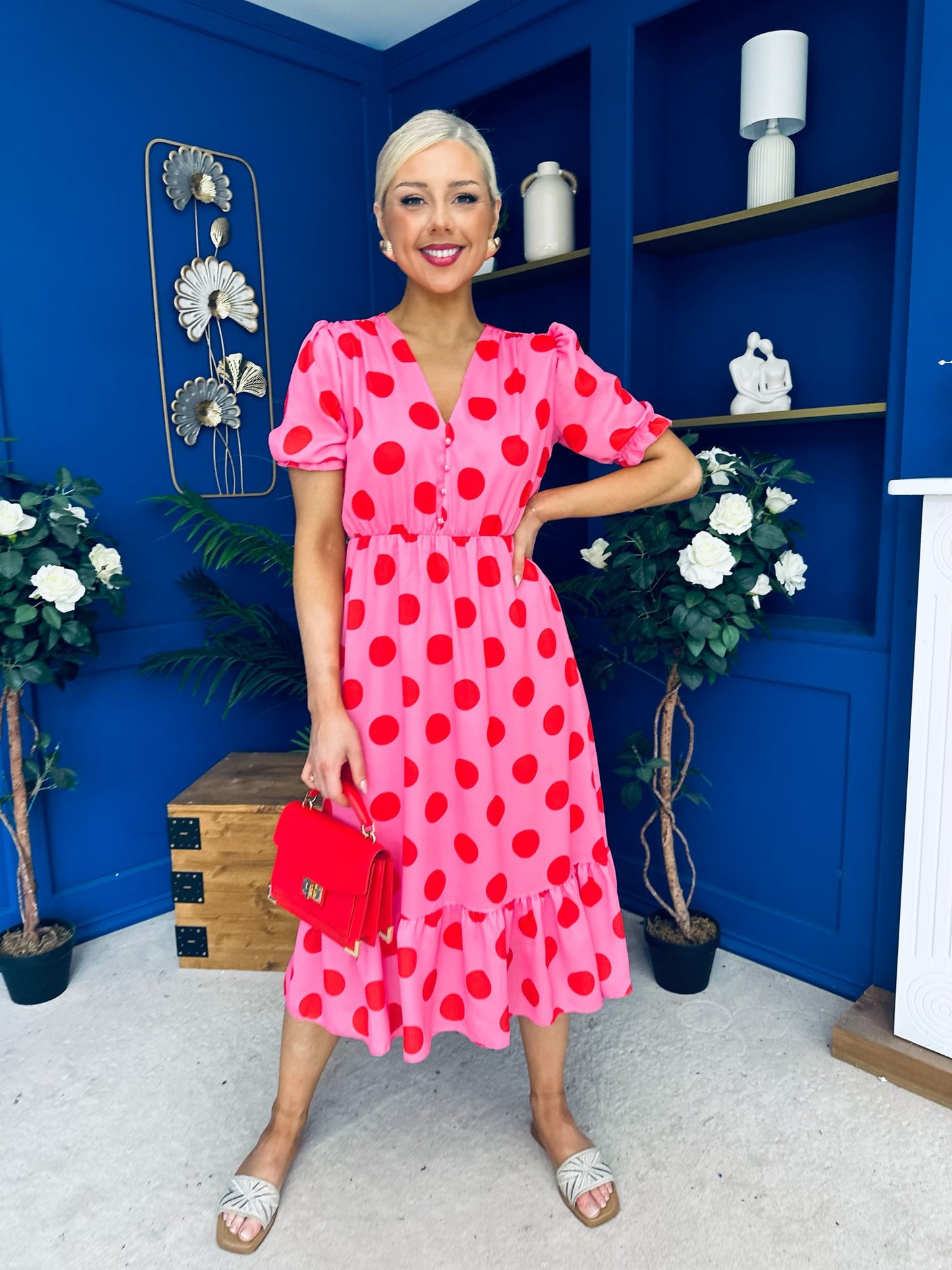 Suzanne Detailed Midi Dress Polka Pink