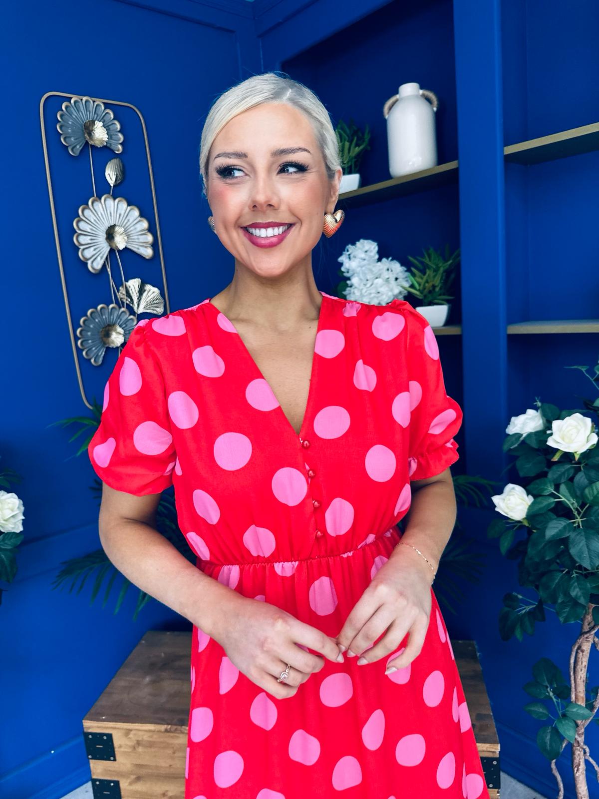 Suzanne Detailed Midi Dress Polka Coral