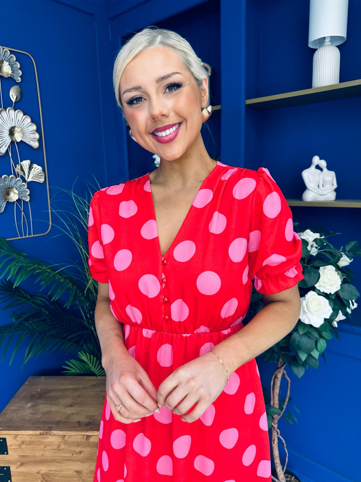 Suzanne Detailed Midi Dress Polka Coral
