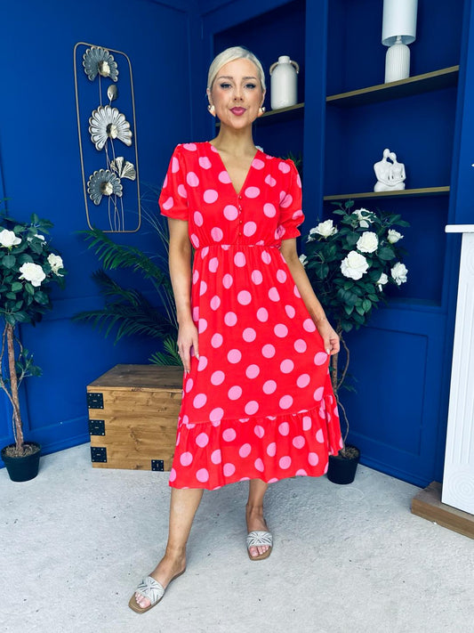 Suzanne Detailed Midi Dress Polka Coral