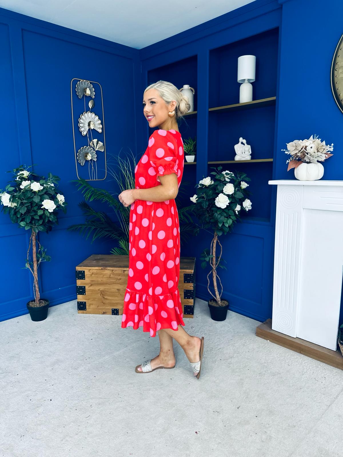 Suzanne Detailed Midi Dress Polka Coral