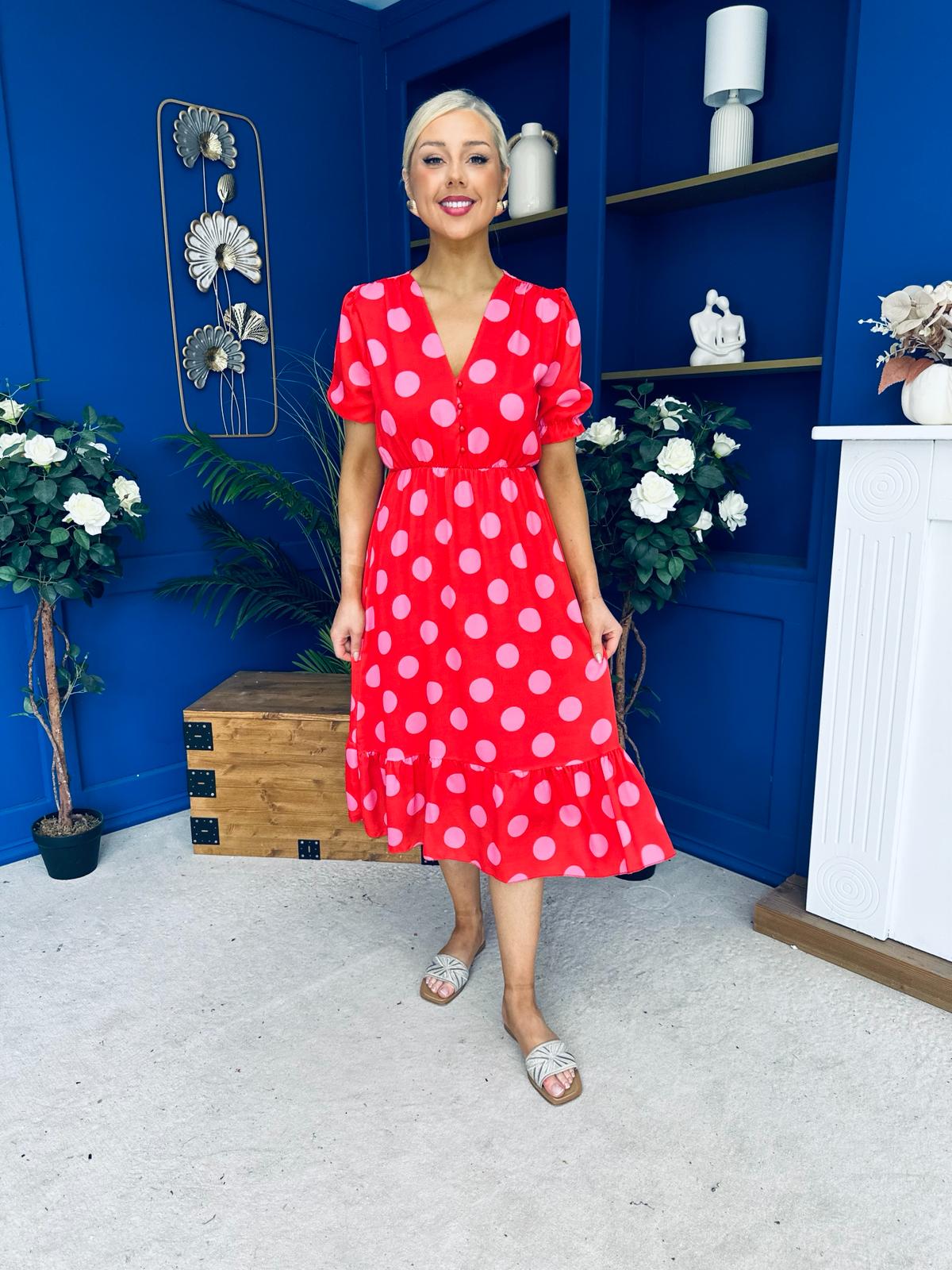 Suzanne Detailed Midi Dress Polka Coral