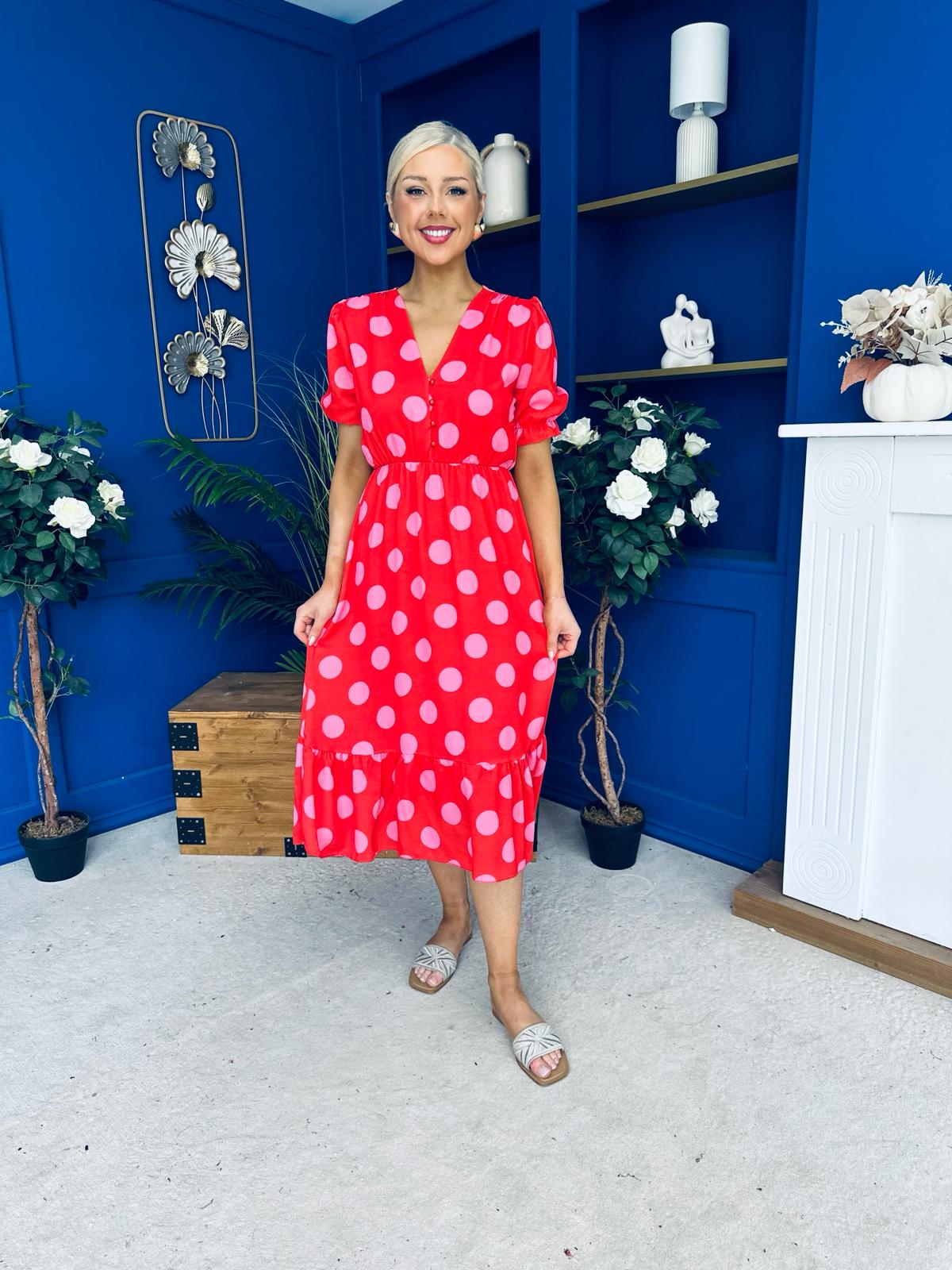Suzanne Detailed Midi Dress Polka Coral