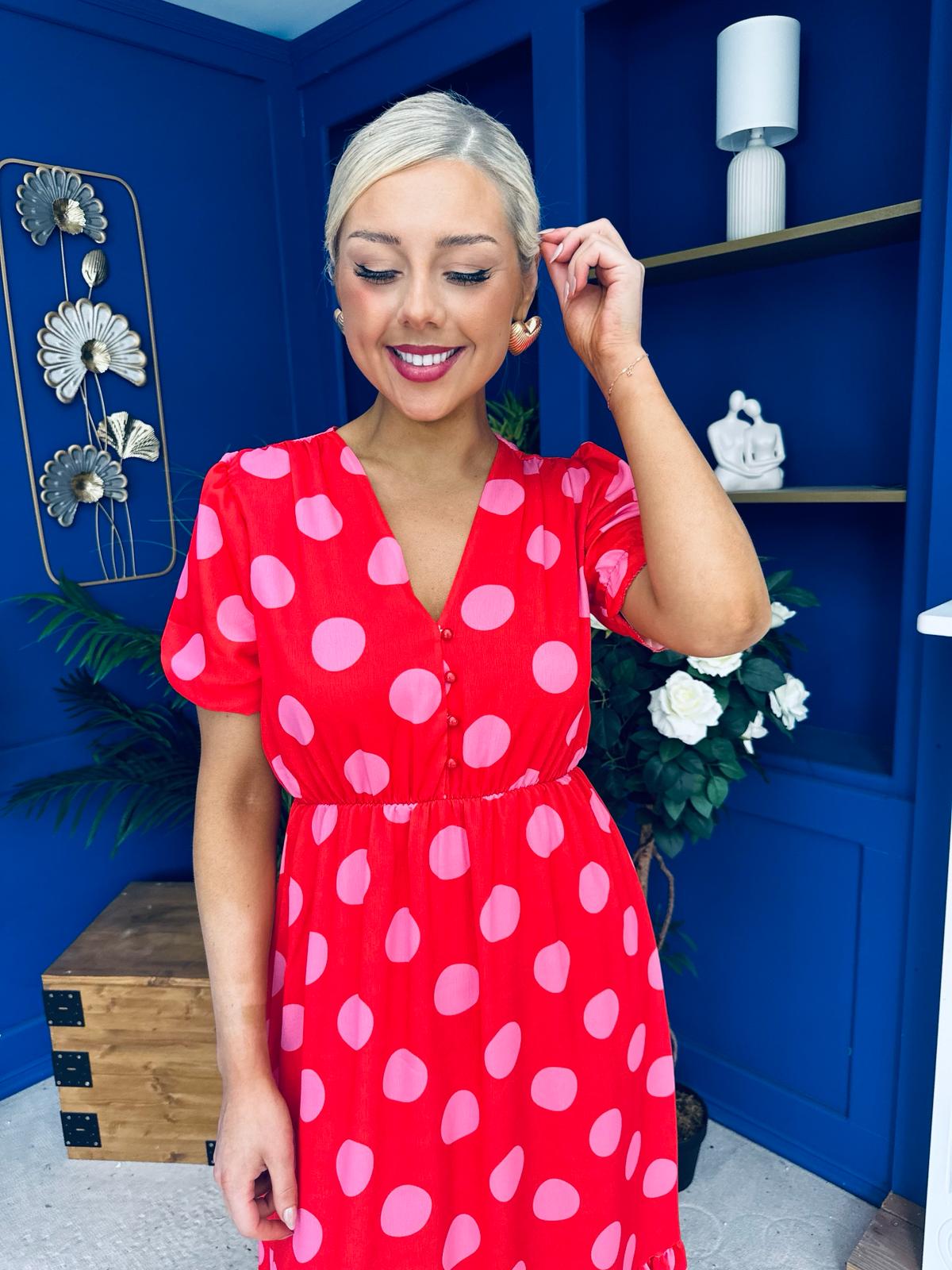 Suzanne Detailed Midi Dress Polka Coral