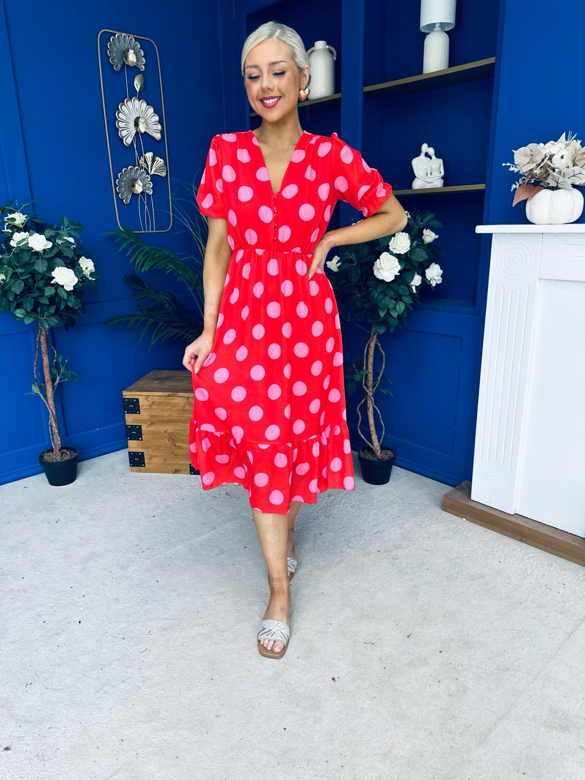 Suzanne Detailed Midi Dress Polka Coral
