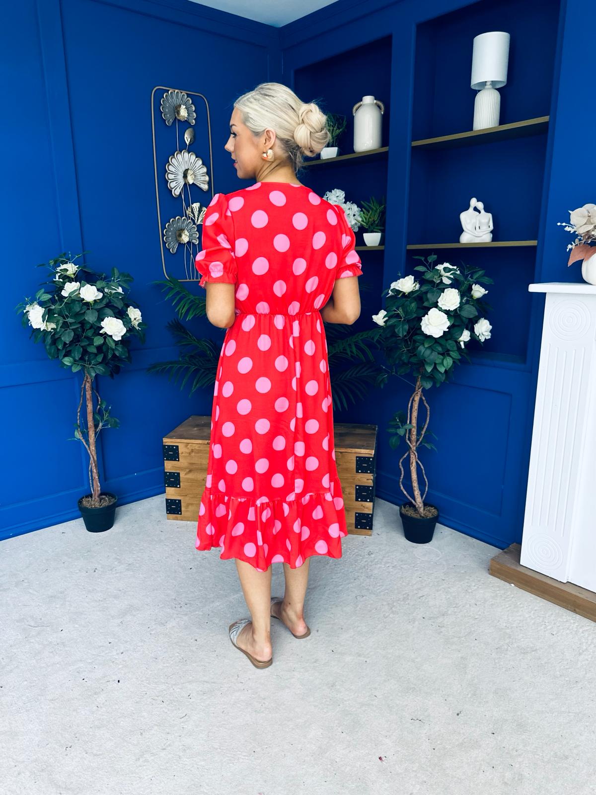 Suzanne Detailed Midi Dress Polka Coral