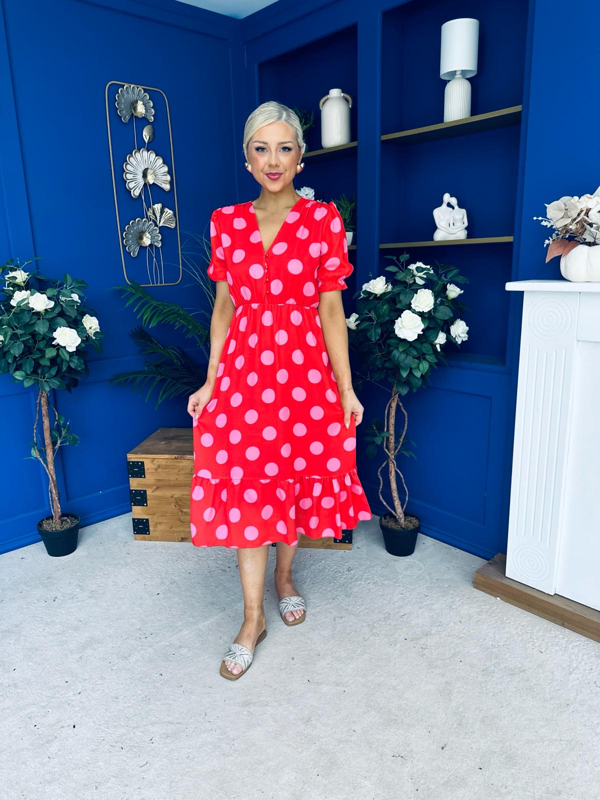 Suzanne Detailed Midi Dress Polka Coral