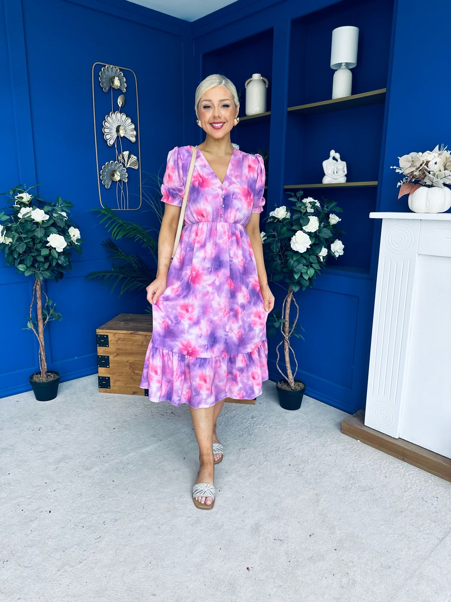 Suzanne Detailed Midi Dress Floral Purple
