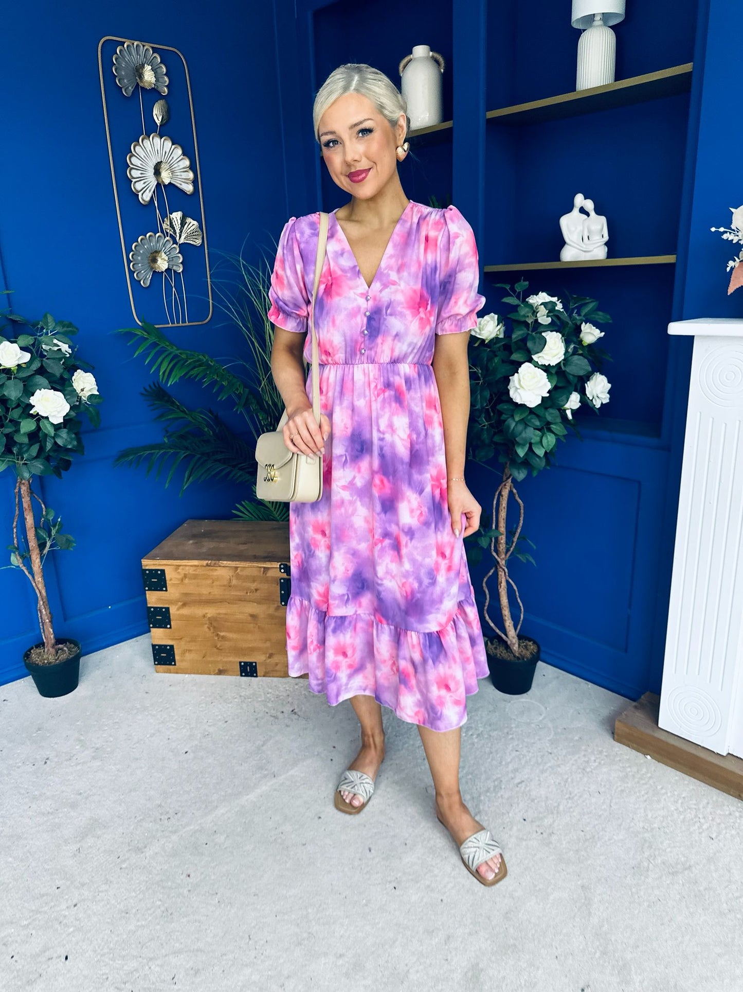 Suzanne Detailed Midi Dress Floral Purple