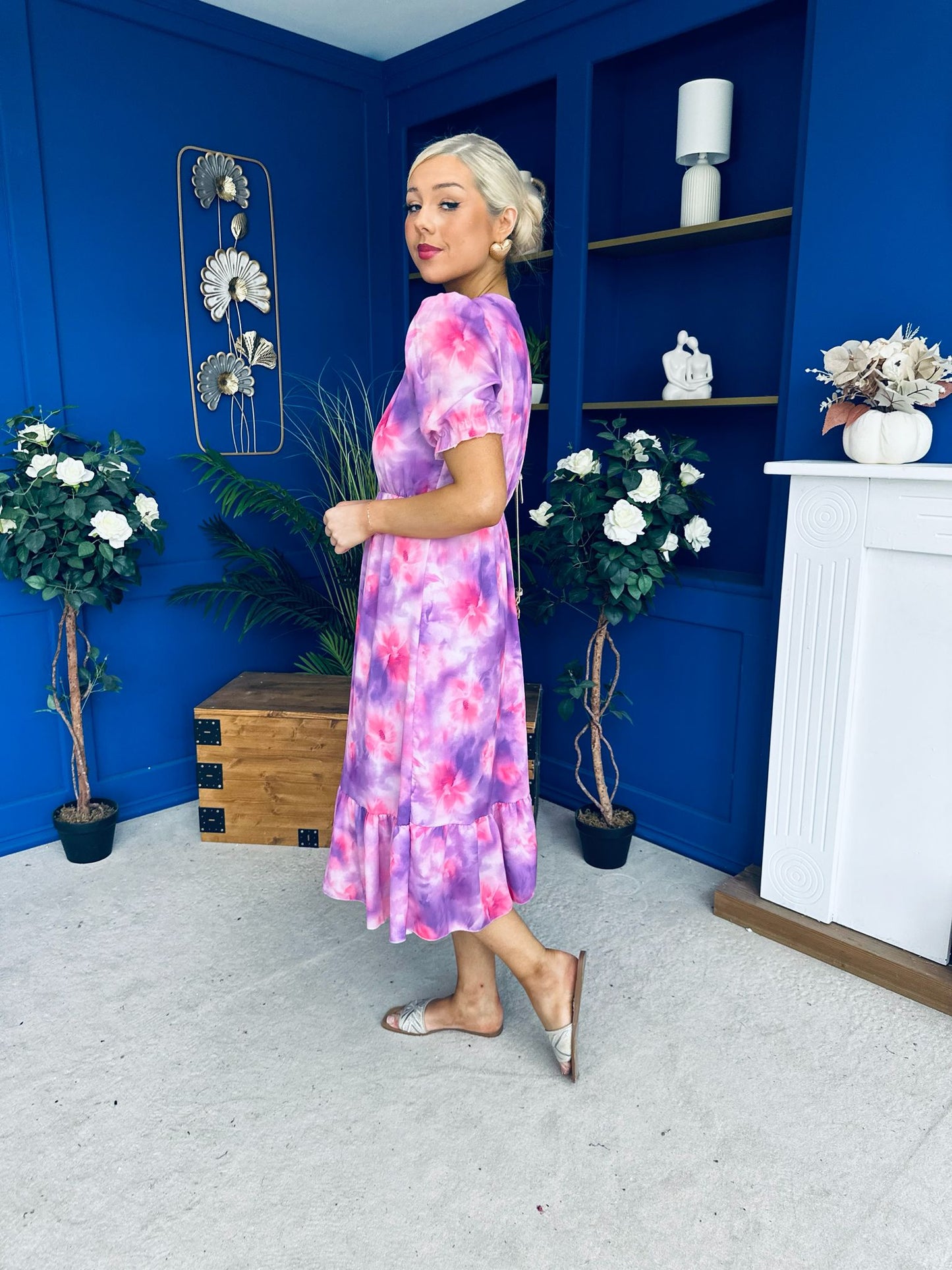 Suzanne Detailed Midi Dress Floral Purple