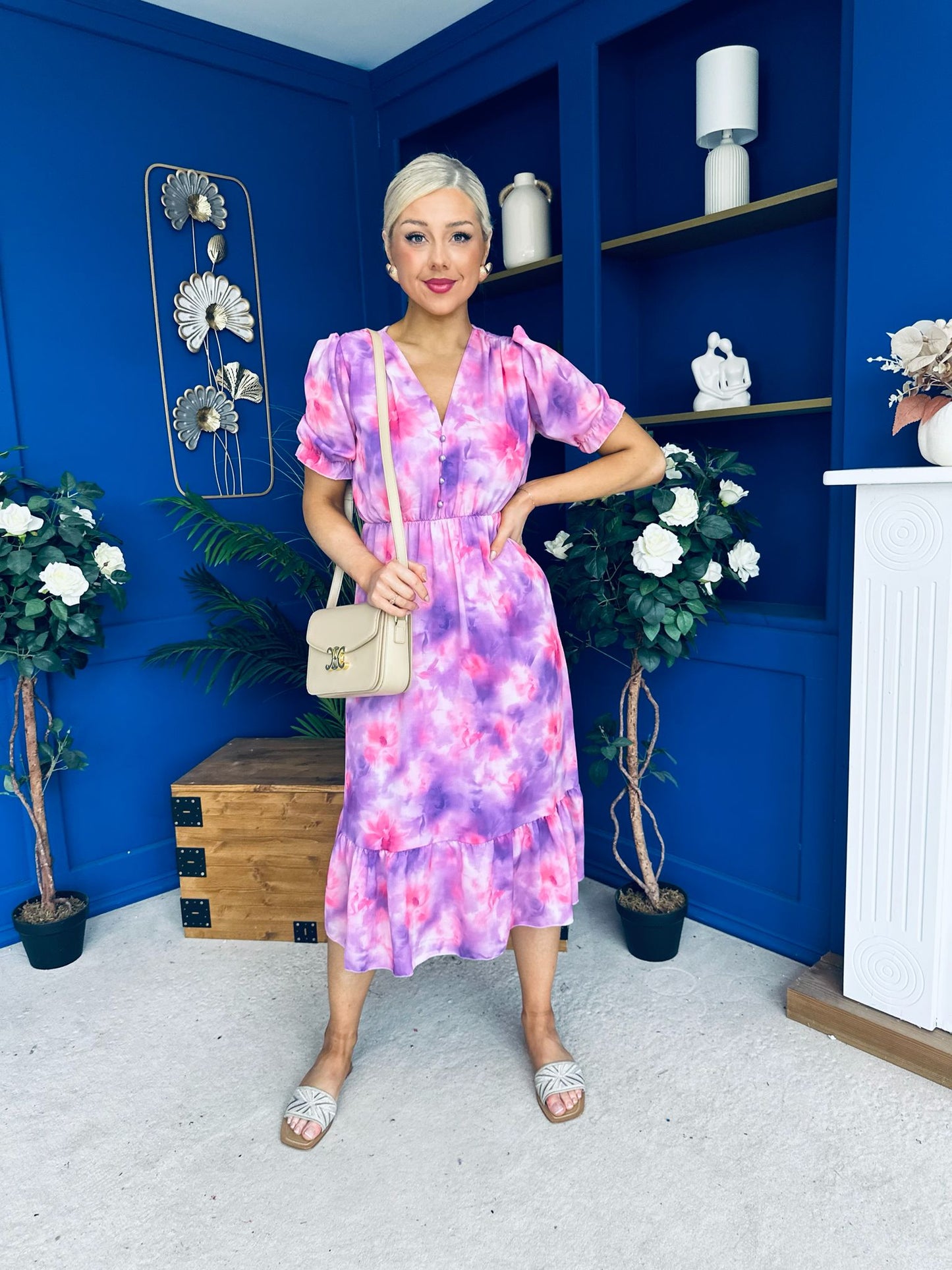 Suzanne Detailed Midi Dress Floral Purple