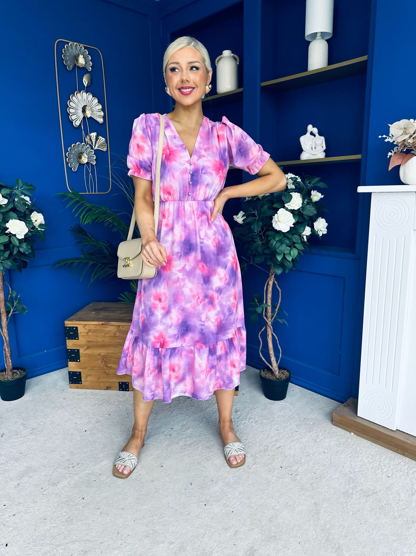 Suzanne Detailed Midi Dress Floral Purple