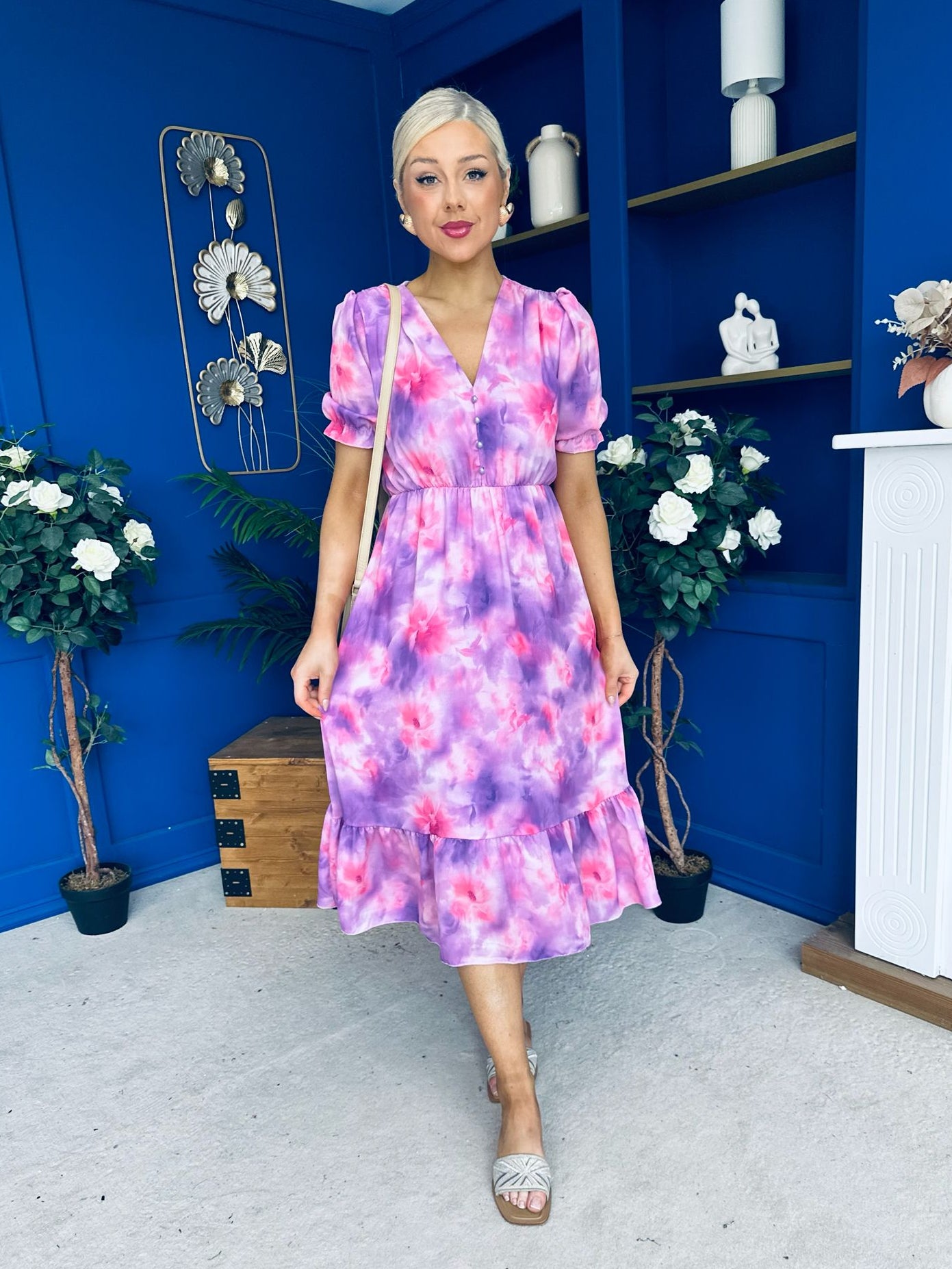 Suzanne Detailed Midi Dress Floral Purple