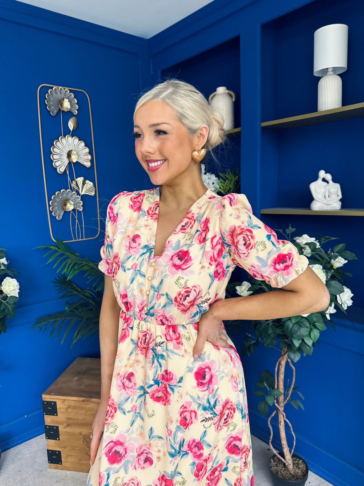 Suzanne Detailed Midi Dress Floral Yellow