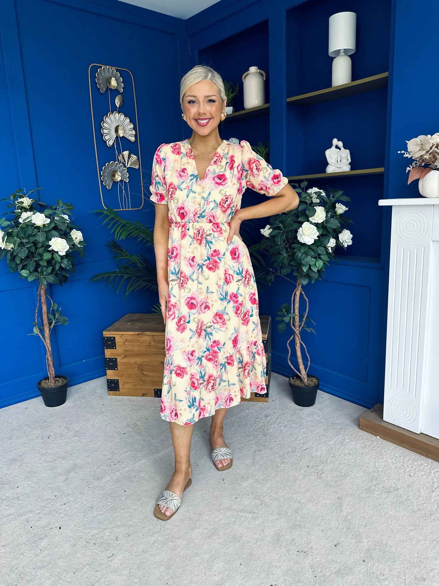 Suzanne Detailed Midi Dress Floral Yellow