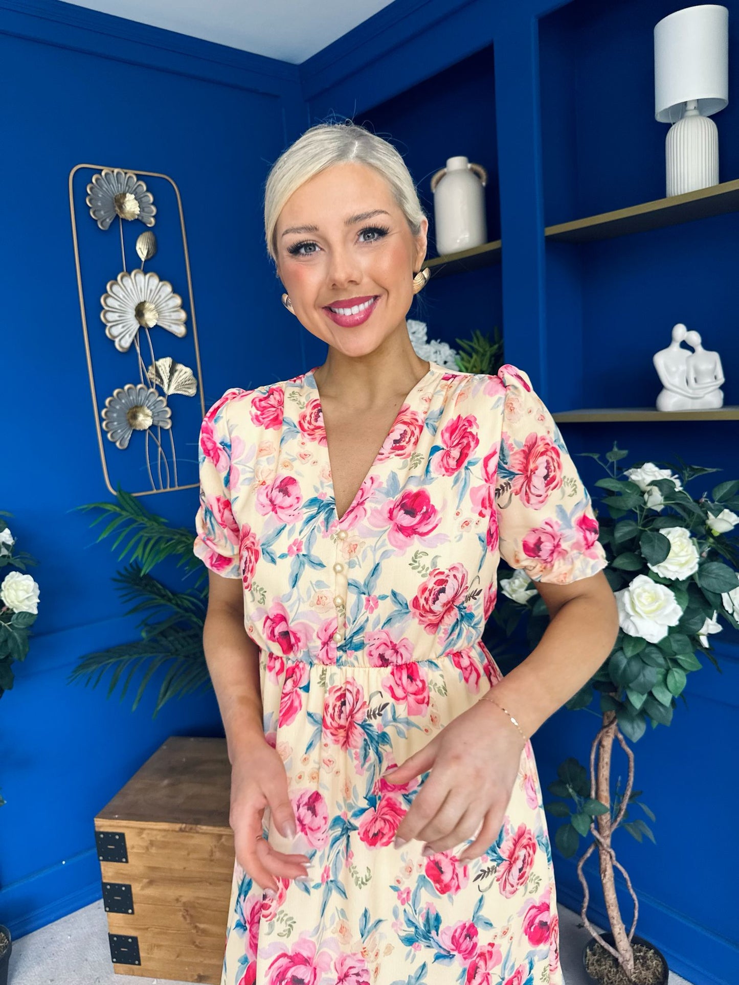 Suzanne Detailed Midi Dress Floral Yellow
