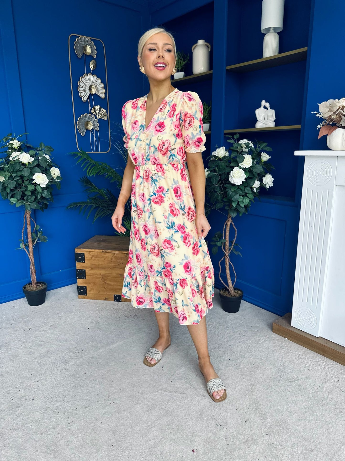 Suzanne Detailed Midi Dress Floral Yellow