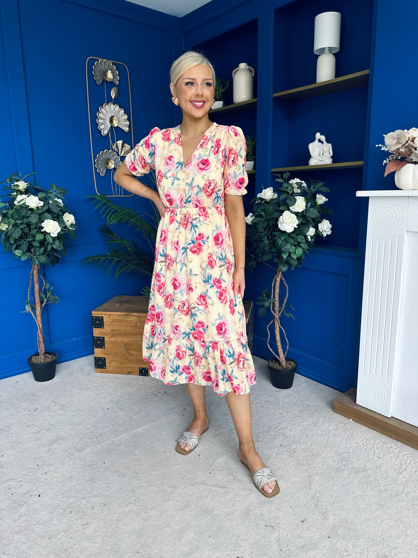 Suzanne Detailed Midi Dress Floral Yellow