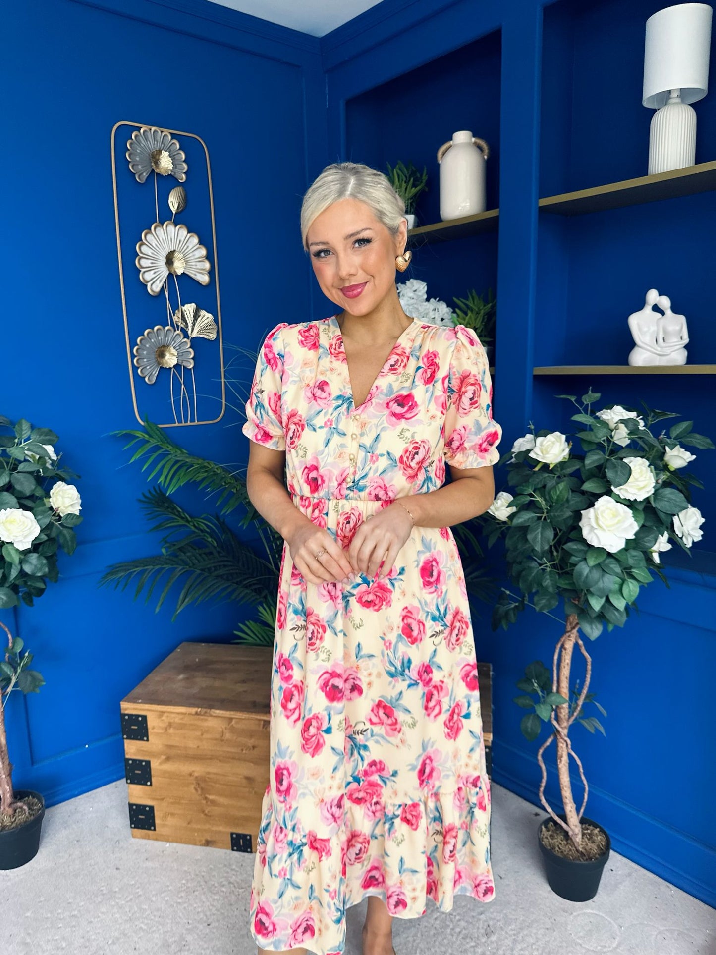 Suzanne Detailed Midi Dress Floral Yellow