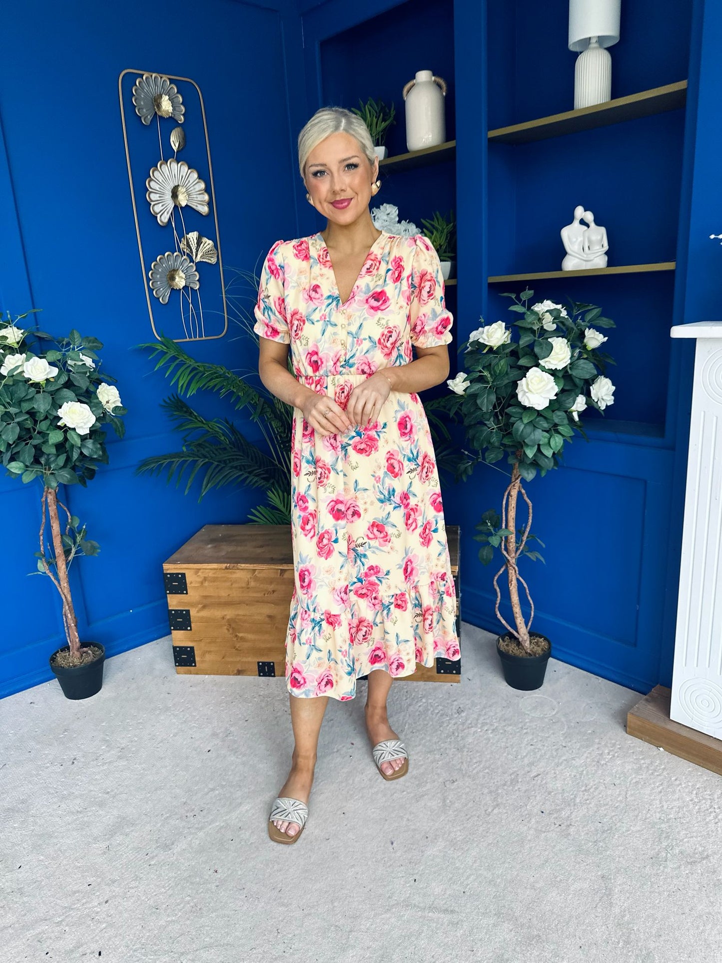 Suzanne Detailed Midi Dress Floral Yellow