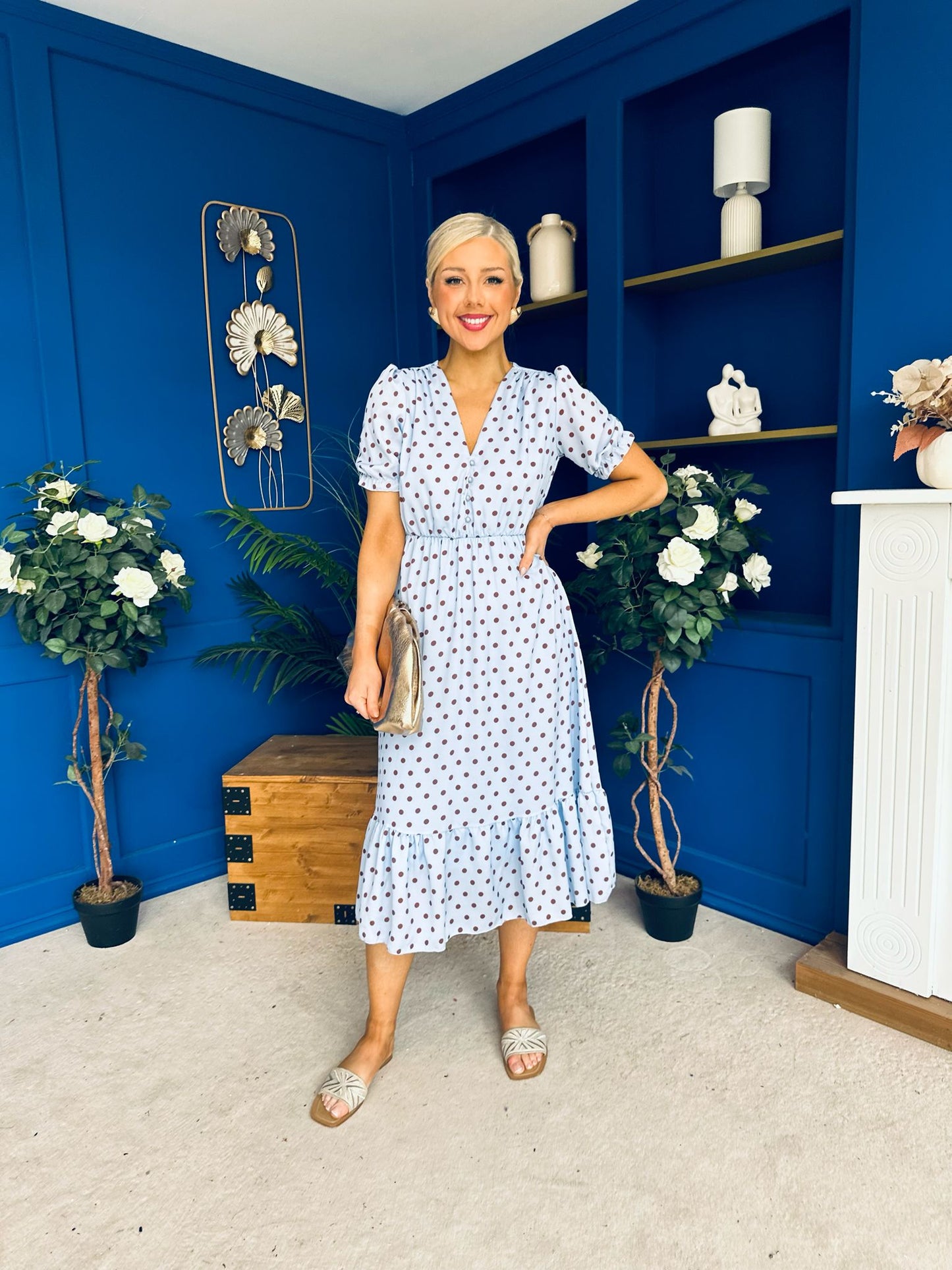Suzanne Detailed Midi Dress Polka Blue