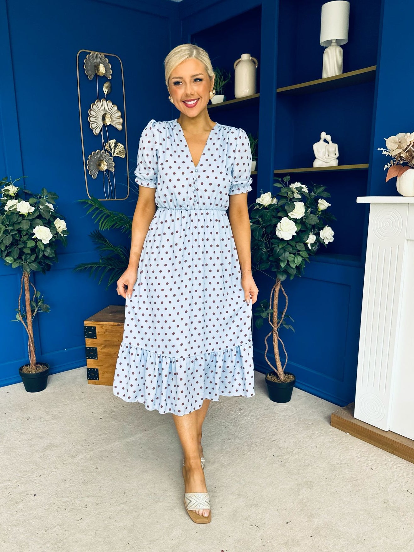 Suzanne Detailed Midi Dress Polka Blue