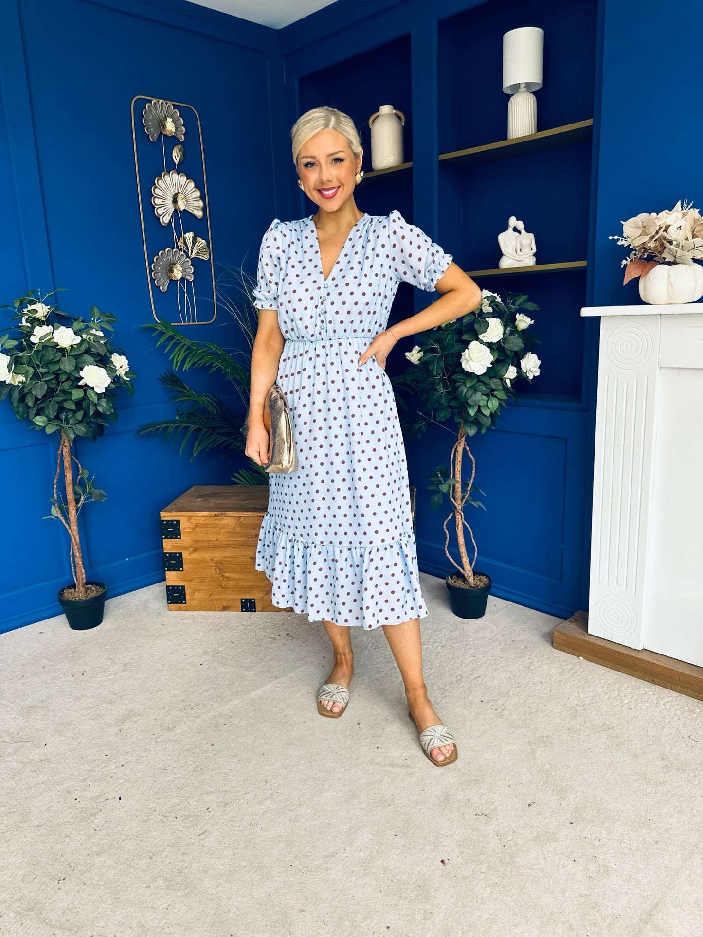 Suzanne Detailed Midi Dress Polka Blue