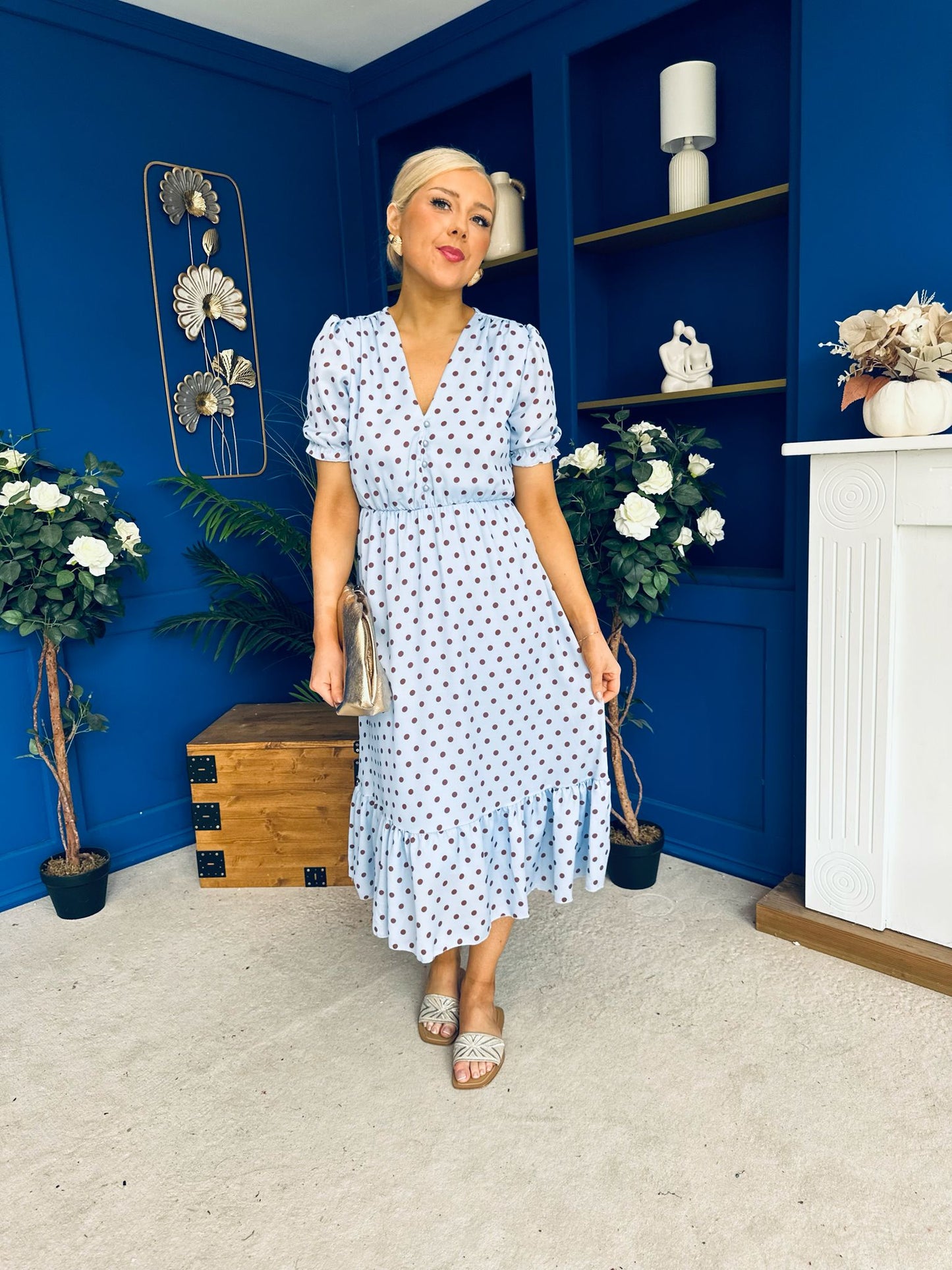 Suzanne Detailed Midi Dress Polka Blue