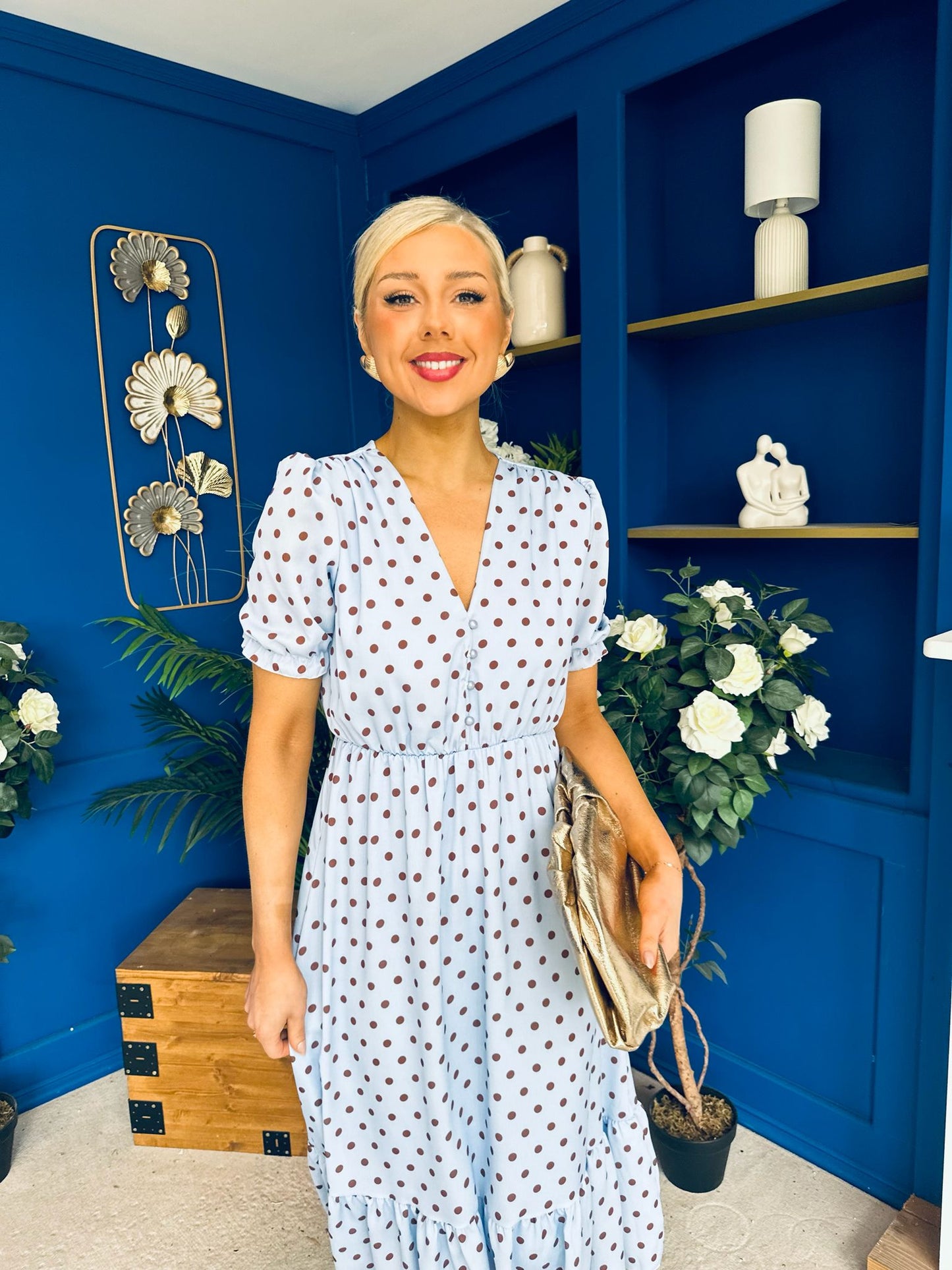 Suzanne Detailed Midi Dress Polka Blue