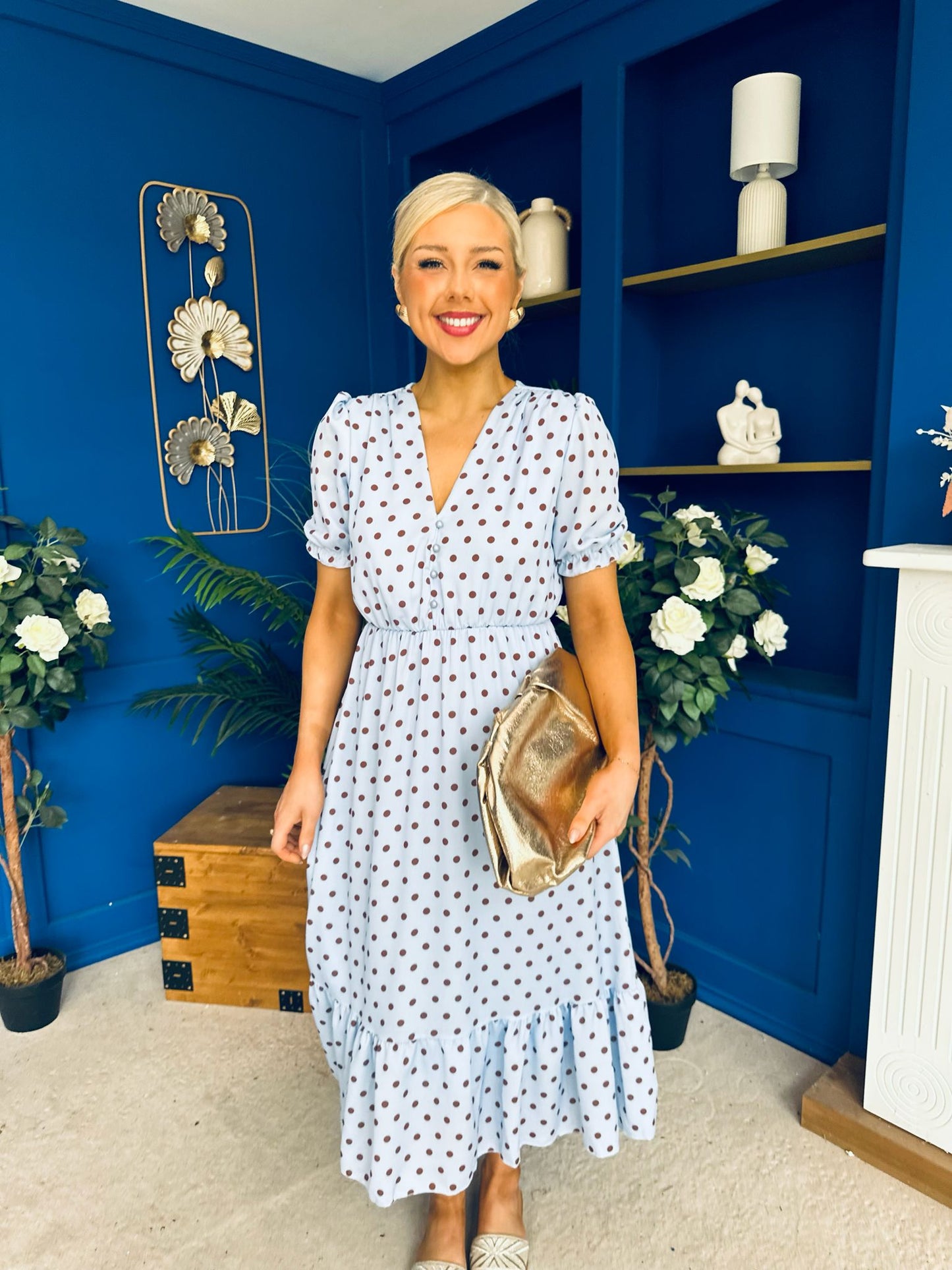 Suzanne Detailed Midi Dress Polka Blue