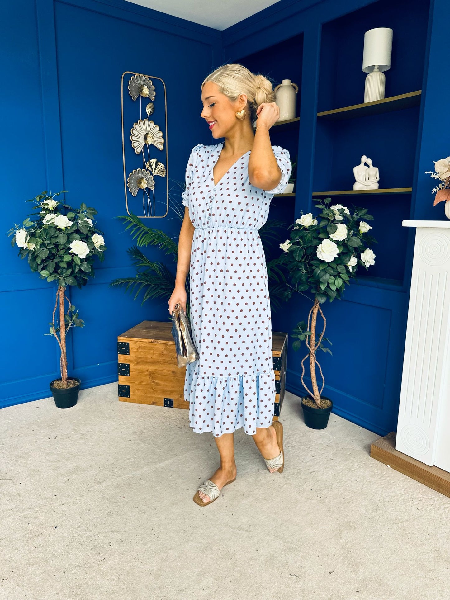 Suzanne Detailed Midi Dress Polka Blue