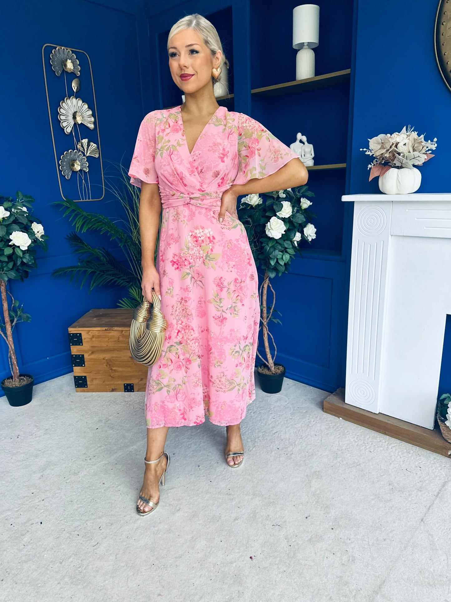 Daisy Twist Detail Midi Dress Floral Baby Pink