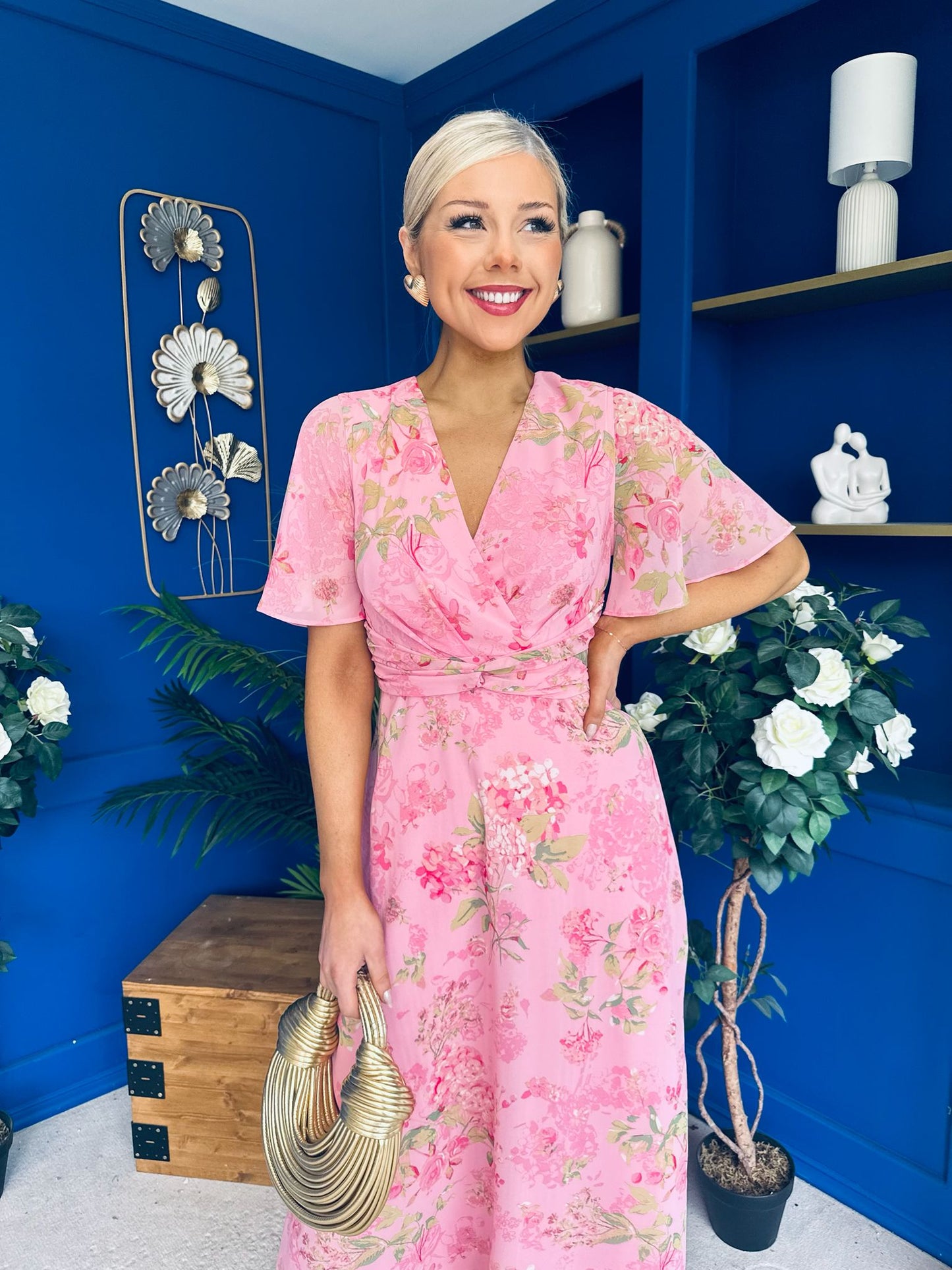 Daisy Twist Detail Midi Dress Floral Baby Pink