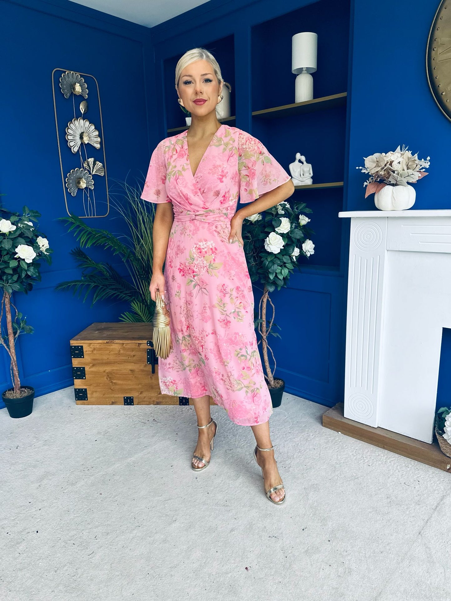 Daisy Twist Detail Midi Dress Floral Baby Pink