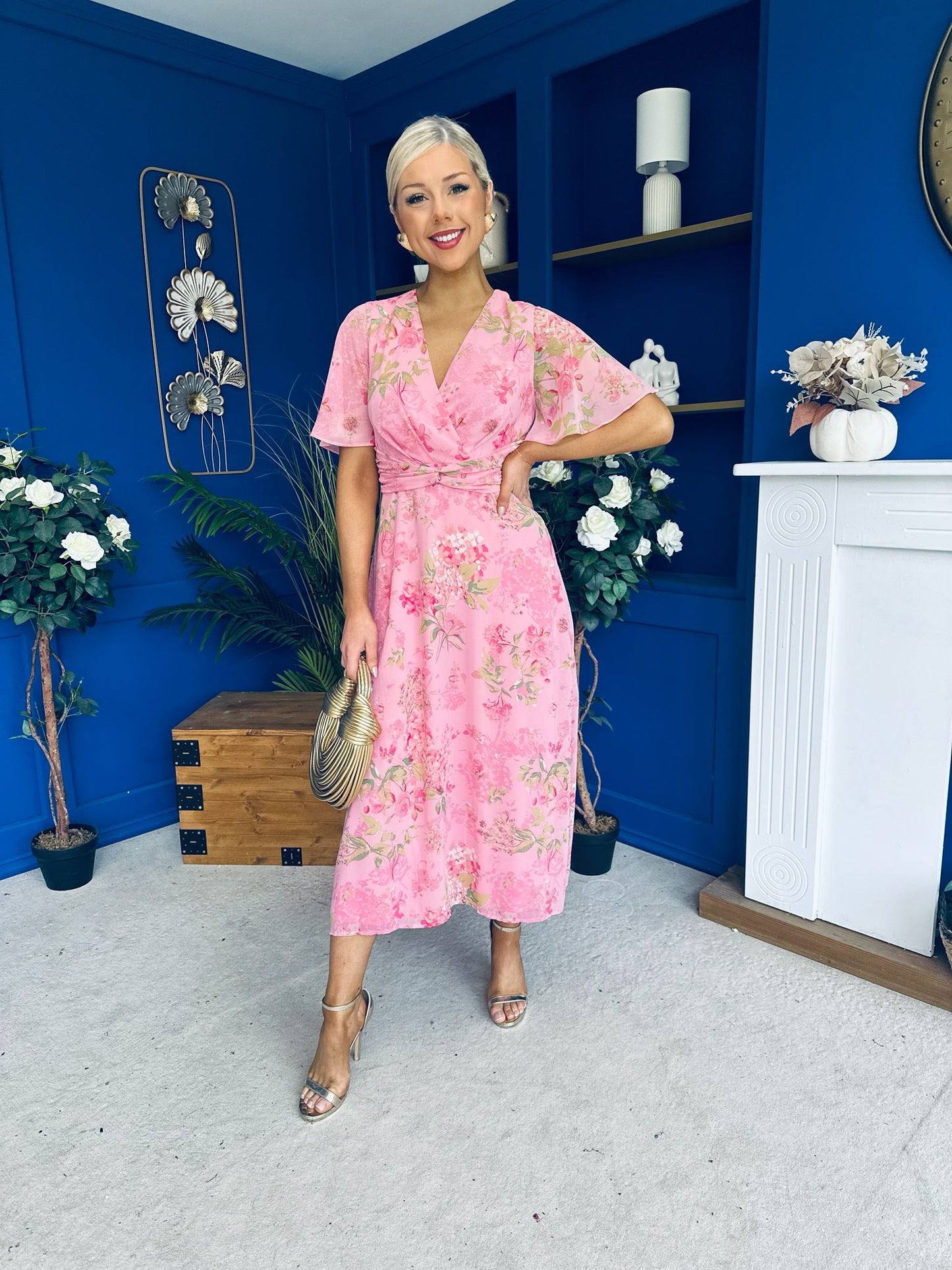 Daisy Twist Detail Midi Dress Floral Baby Pink