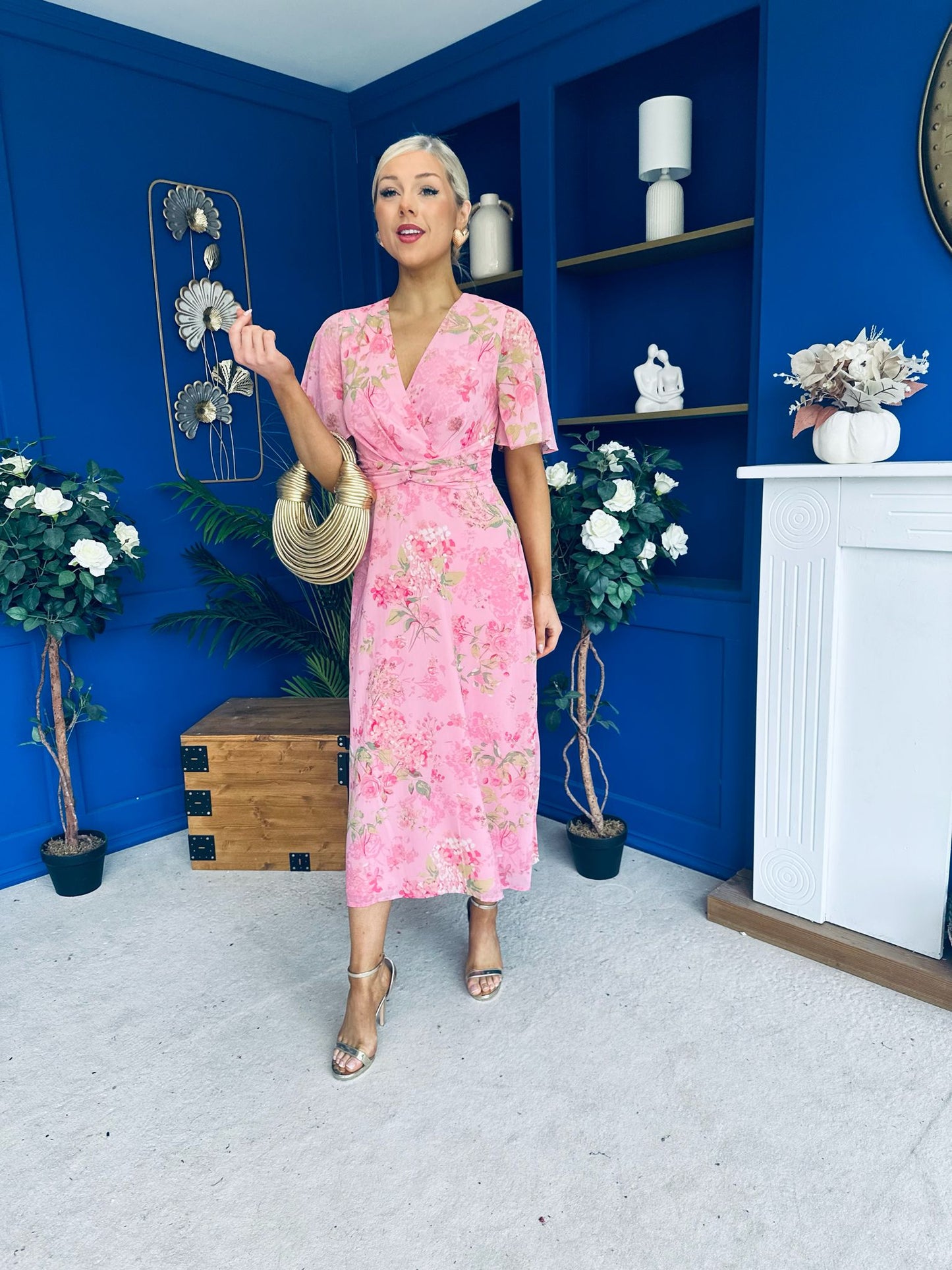 Daisy Twist Detail Midi Dress Floral Baby Pink