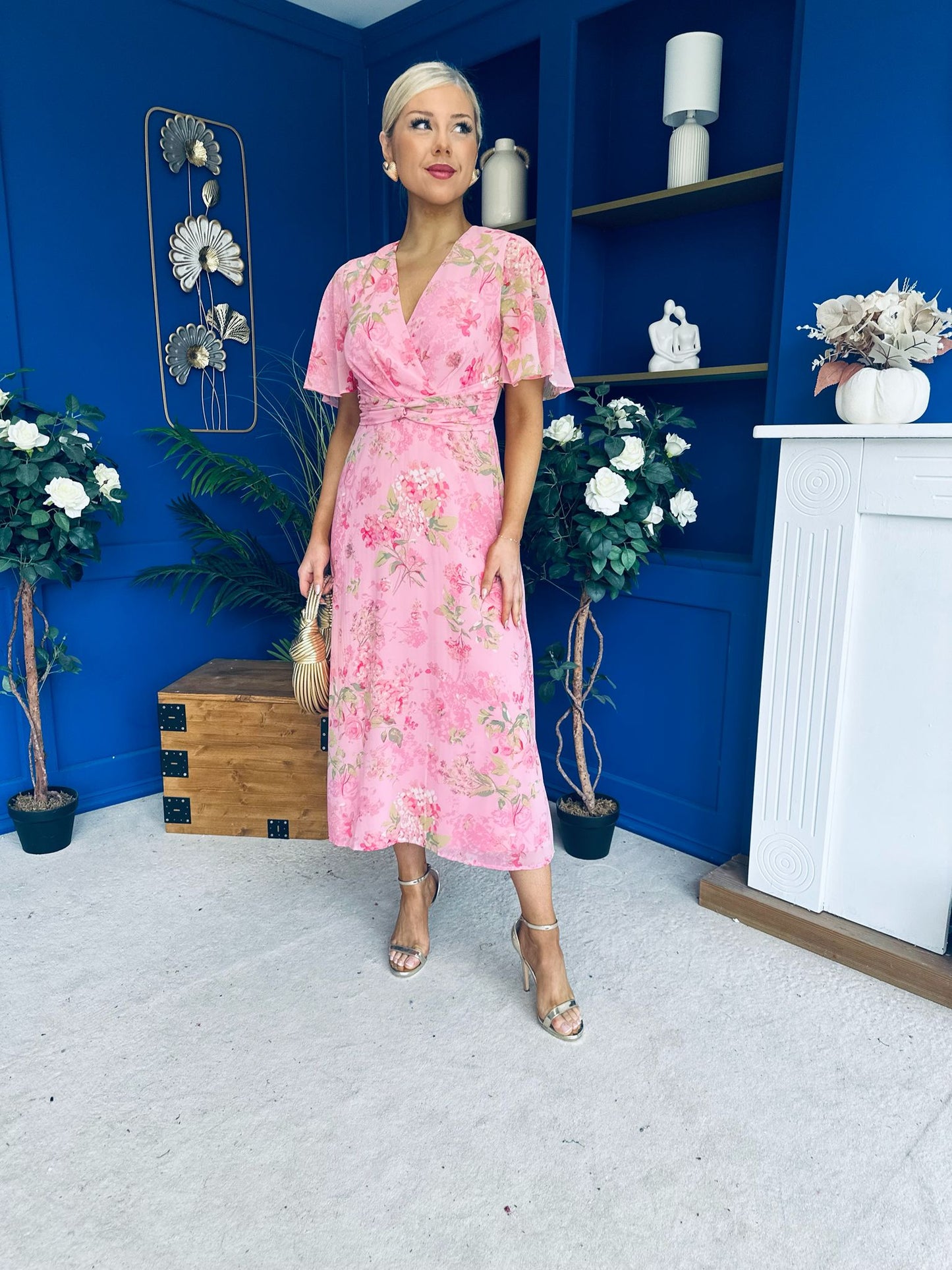 Daisy Twist Detail Midi Dress Floral Baby Pink