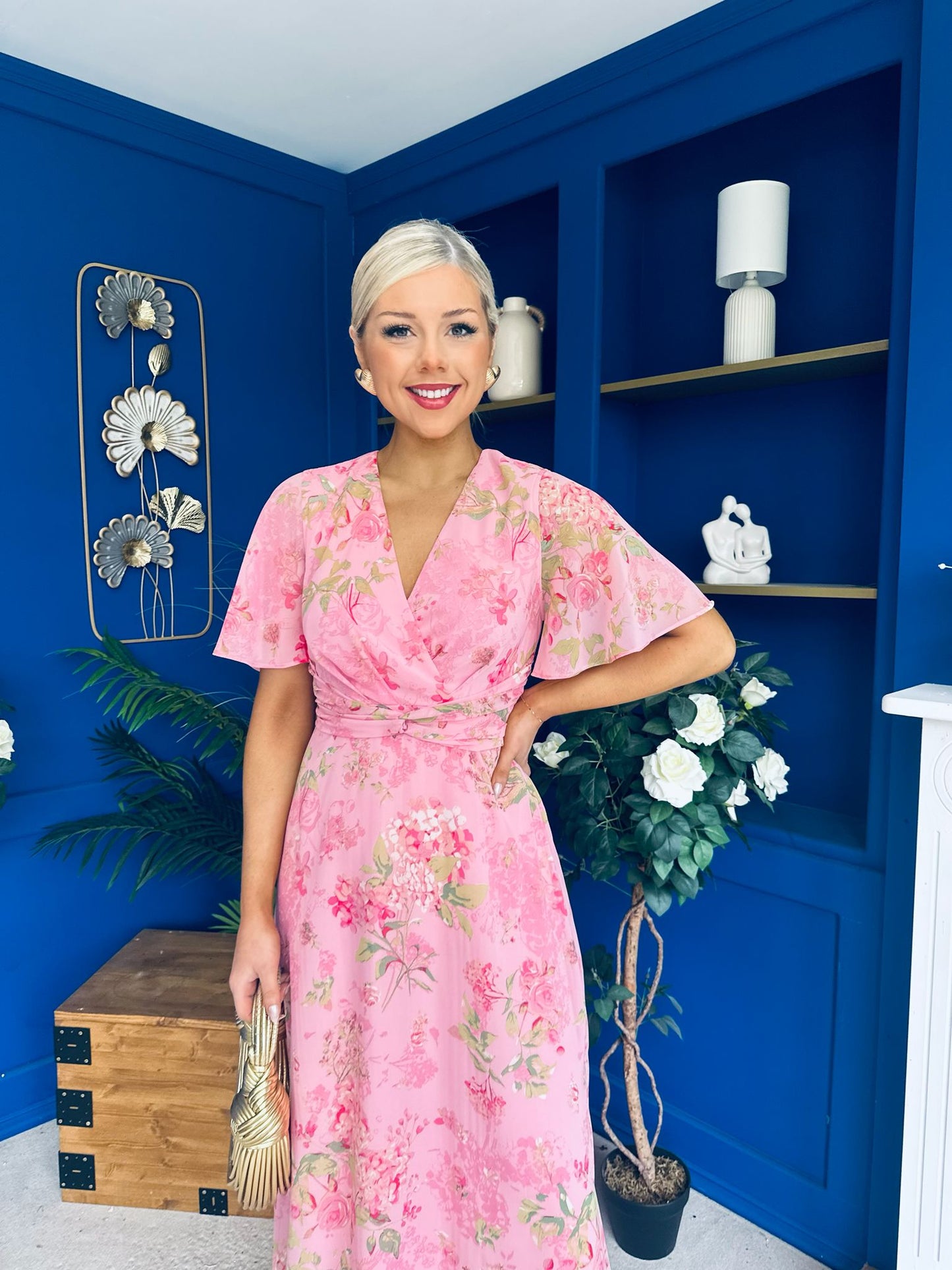 Daisy Twist Detail Midi Dress Floral Baby Pink