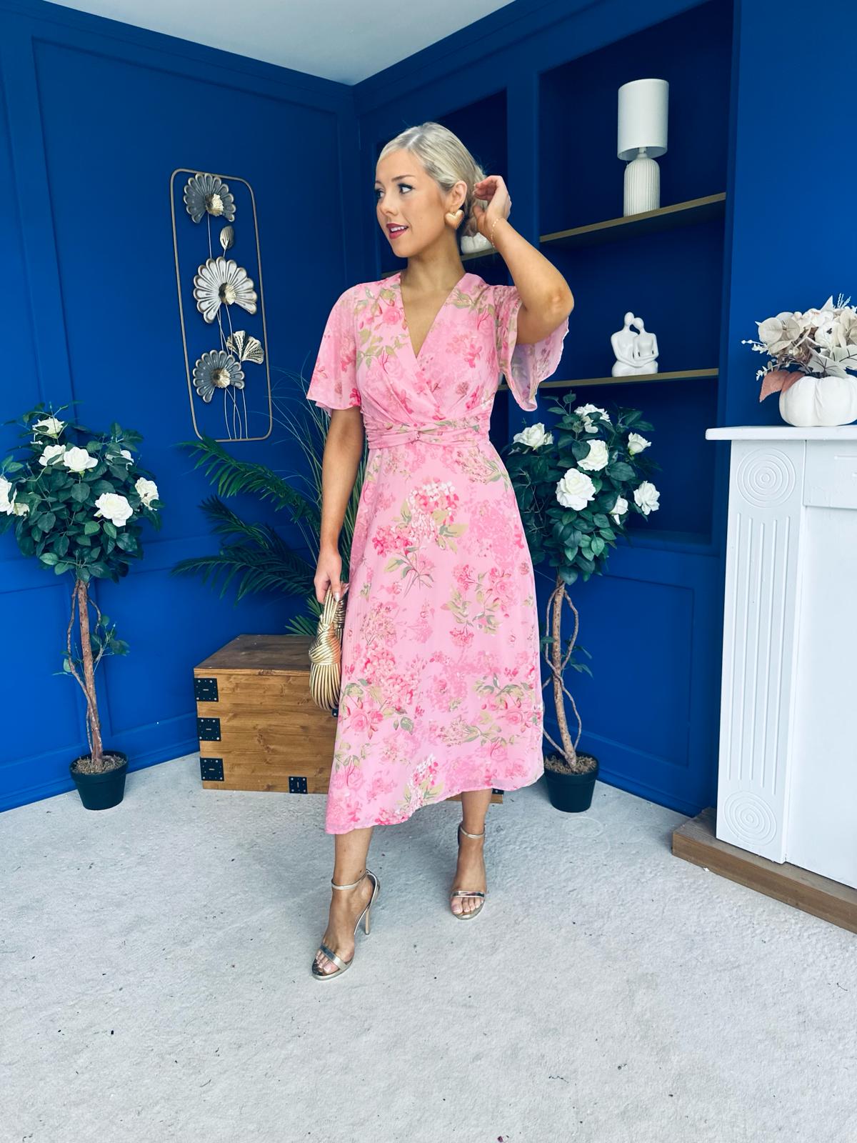 Daisy Twist Detail Midi Dress Floral Baby Pink