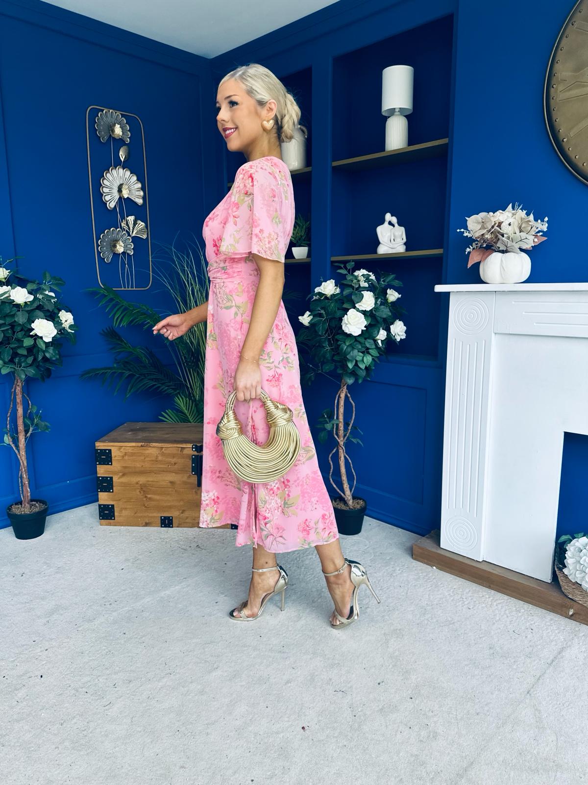 Daisy Twist Detail Midi Dress Floral Baby Pink