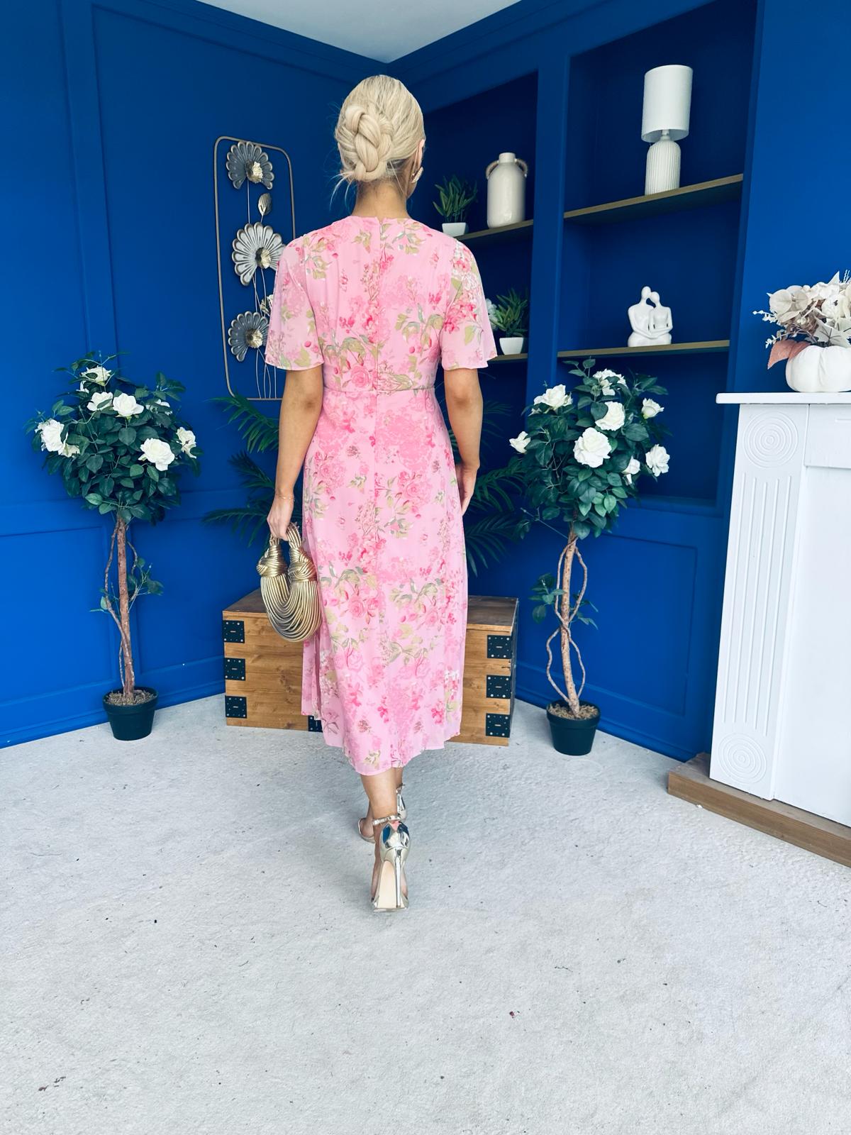 Daisy Twist Detail Midi Dress Floral Baby Pink