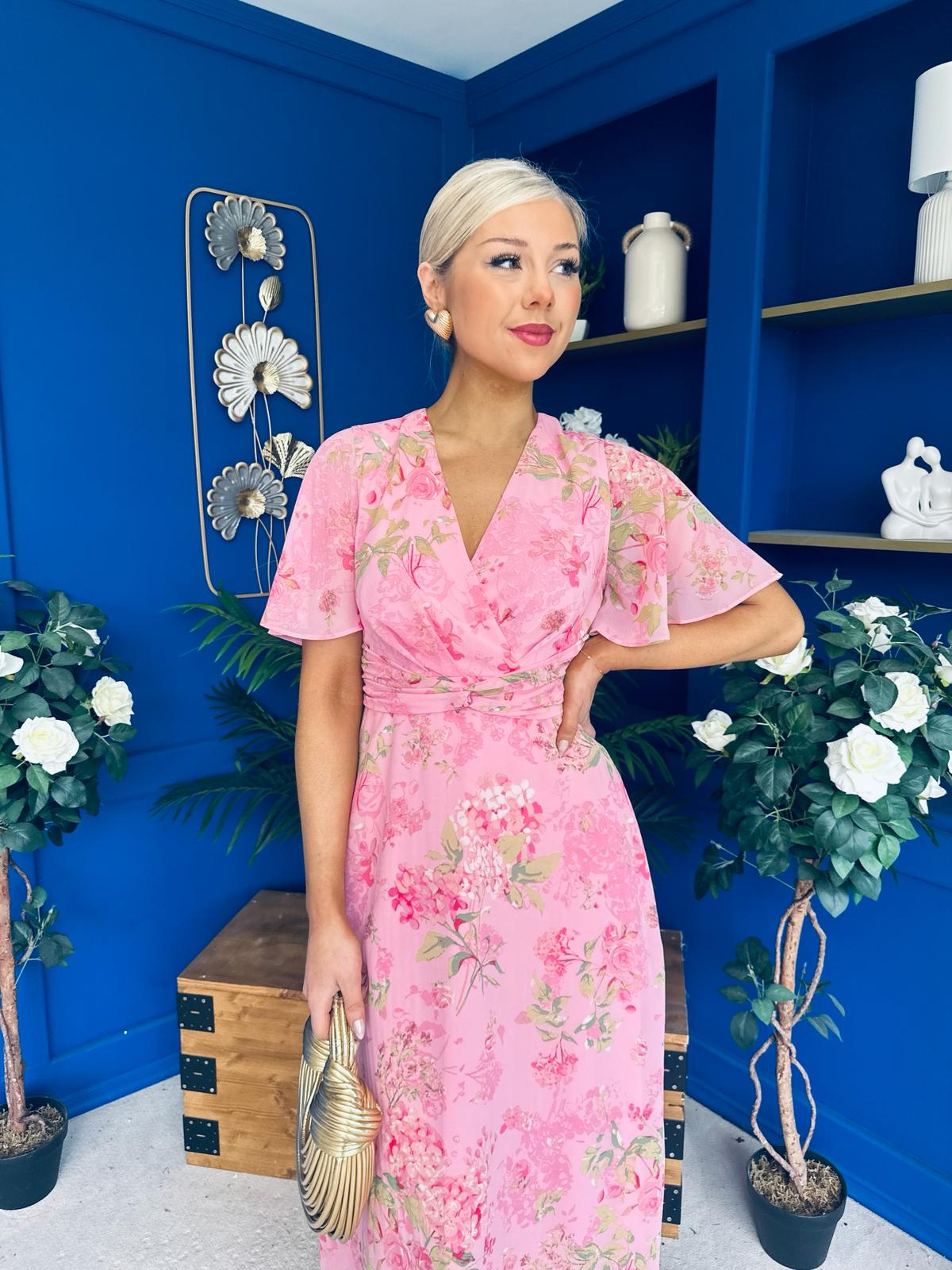 Daisy Twist Detail Midi Dress Floral Baby Pink