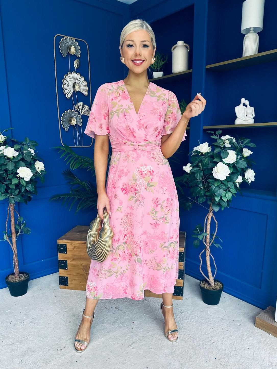 Daisy Twist Detail Midi Dress Floral Baby Pink